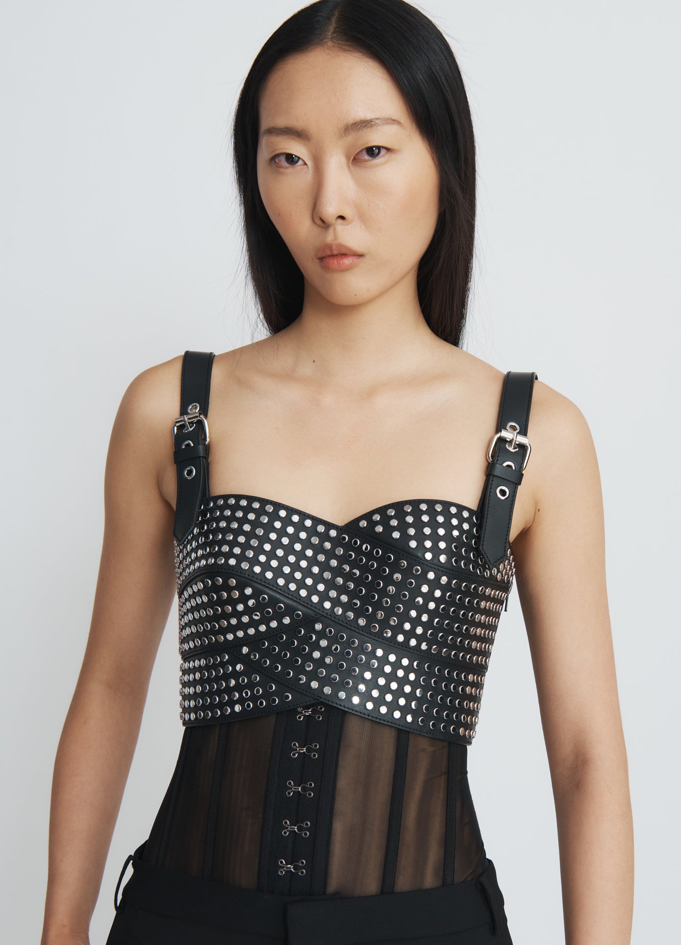 MONSE Leather Studded Bustier in black on model front view