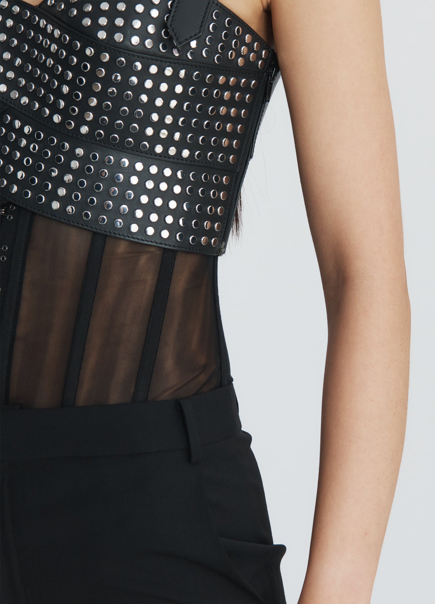 MONSE Leather Studded Bustier in black on model stud detail view