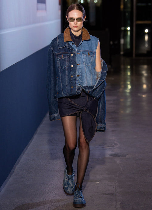 MONSE Loop Hem Doubled Jacket in indigo on model walking runway
