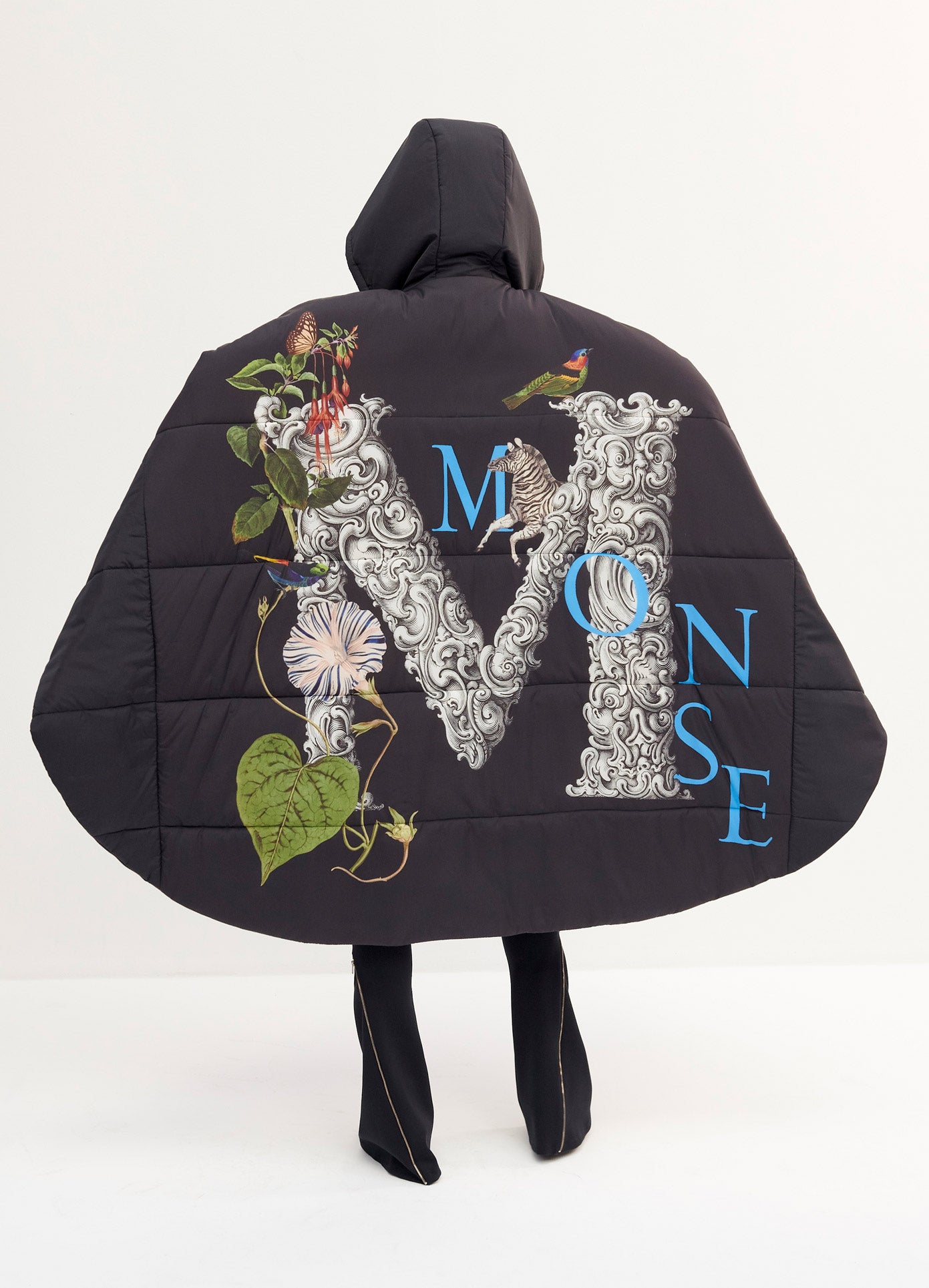 MONSE M Print Quilted Coat in Black M Print on Model Full Print Back View
