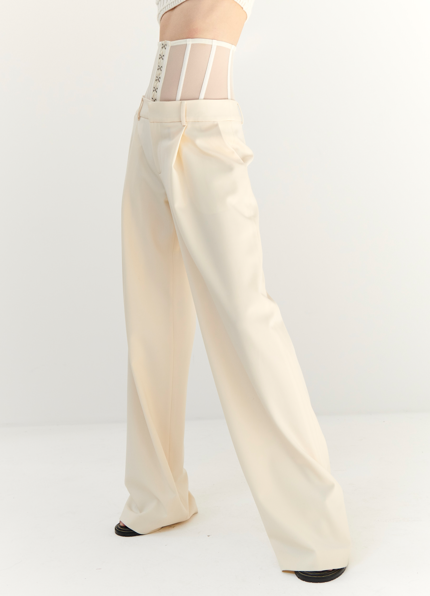 MONSE Mesh Bustier Trousers in Ivory on model front detail view
