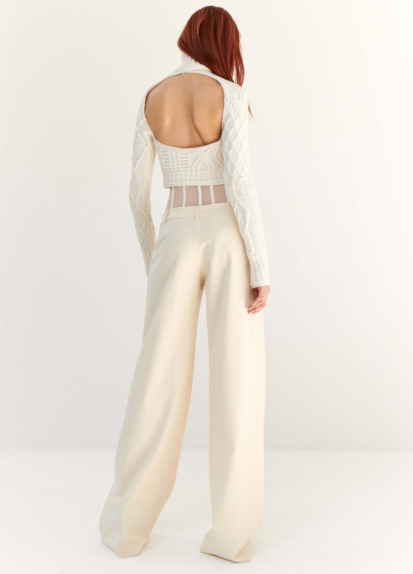 MONSE Mesh Bustier Trousers in Ivory on model full back view