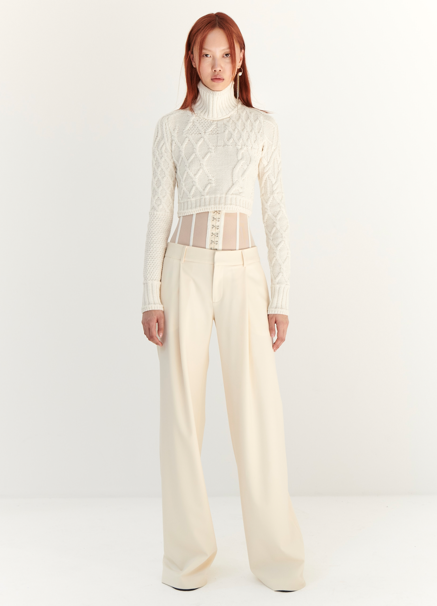 MONSE Mesh Bustier Trousers in Ivory on model full front view