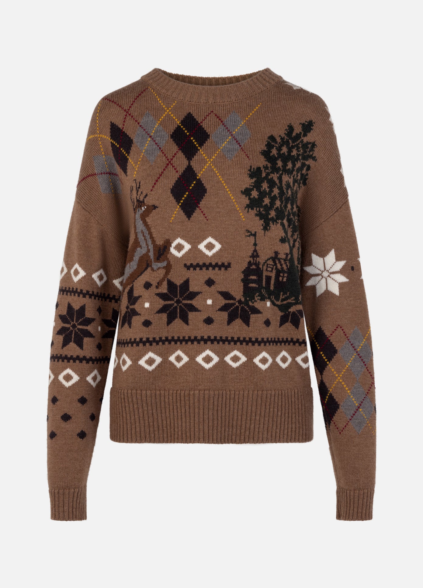 MONSE Mixed Fair Isle Crew Neck Sweater in khaki flat front