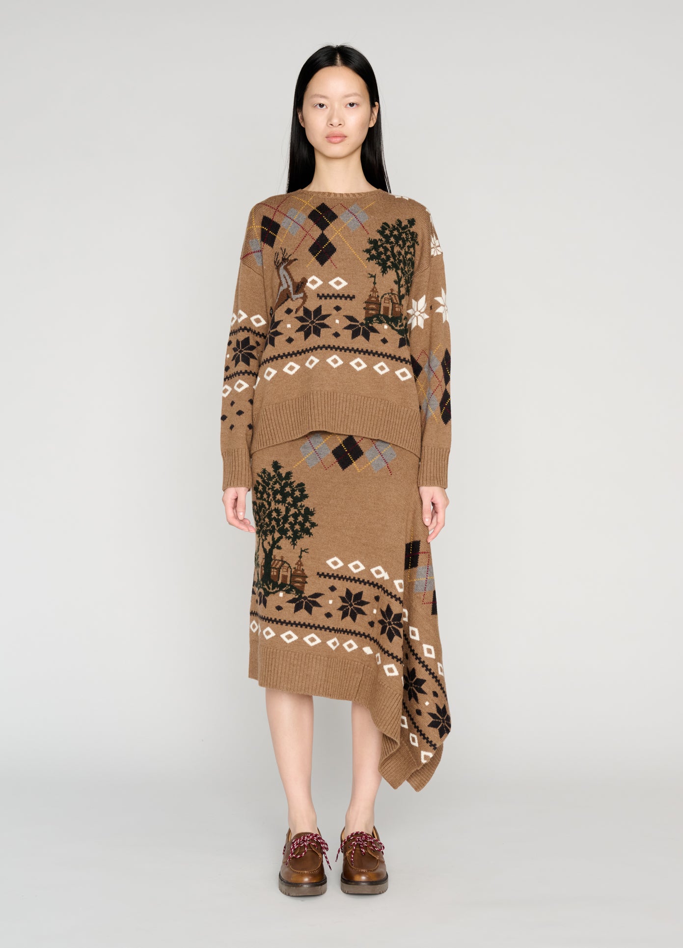 MONSE Mixed Fair Isle Crew Neck Sweater in khaki on model full front view