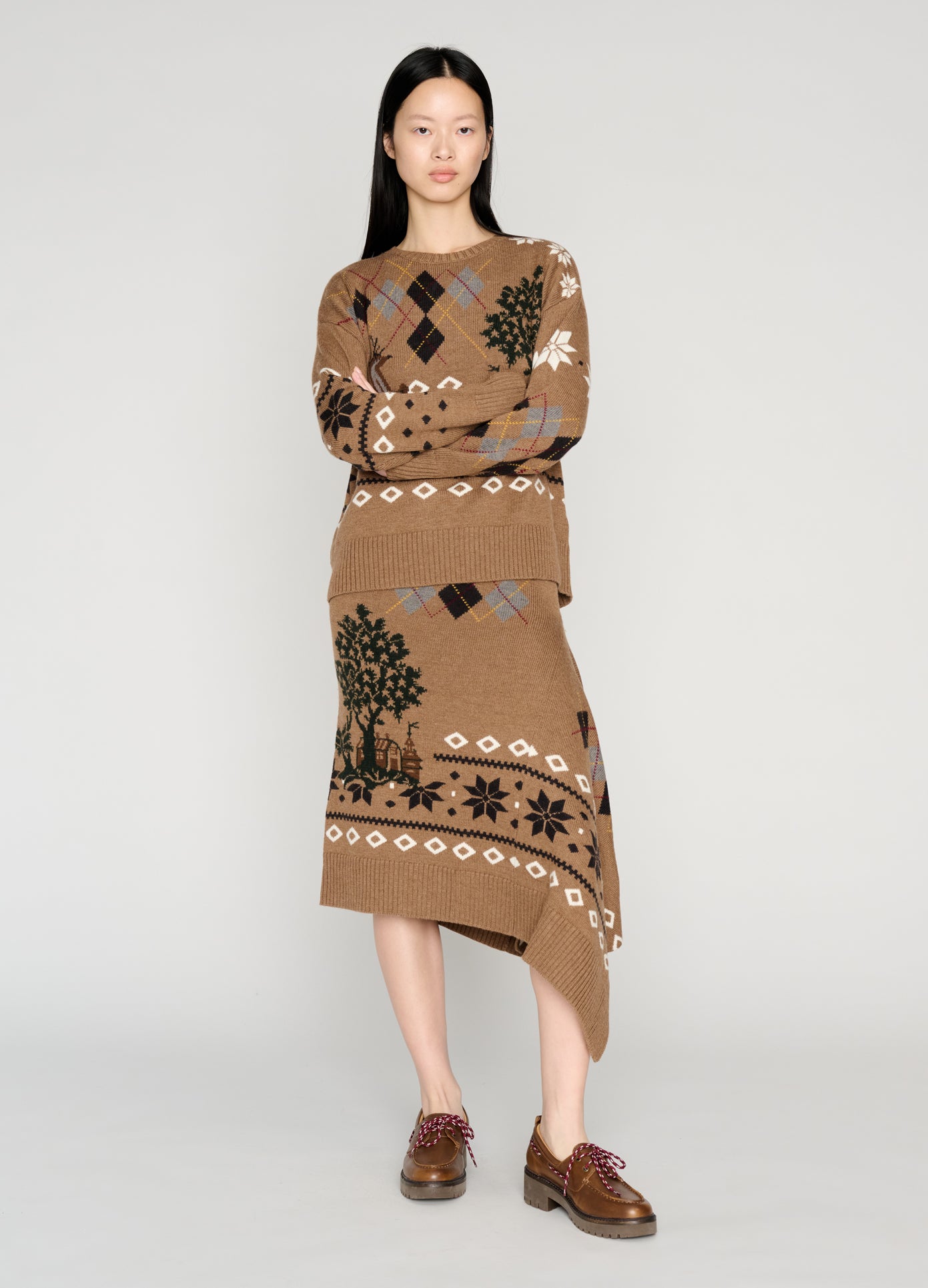 MONSE Mixed Fair Isle Crew Neck Sweater in khaki on model style full front view