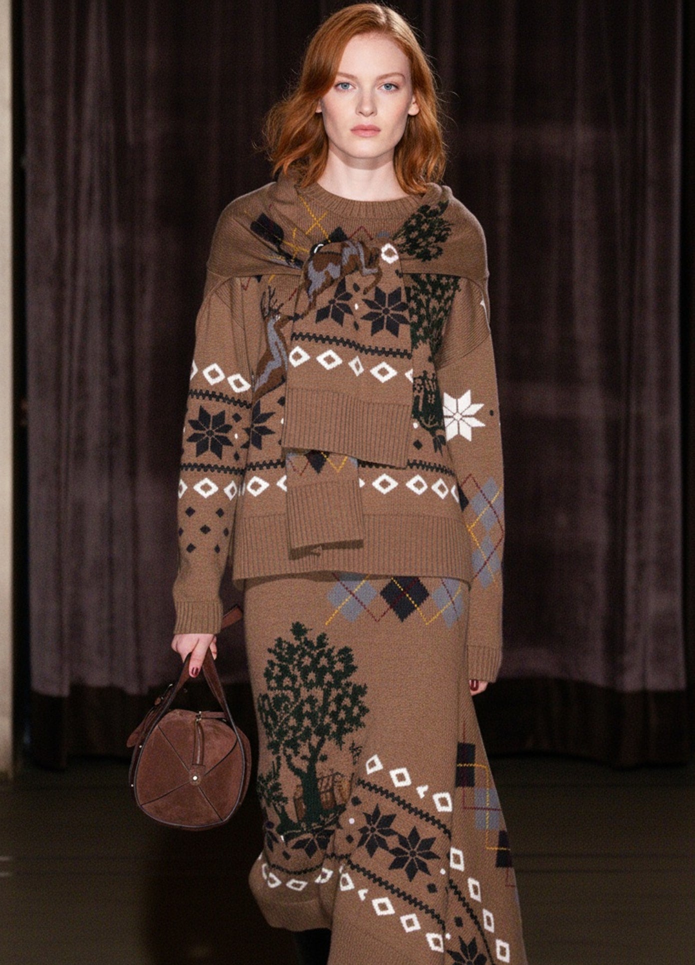 MONSE Mixed Fair Isle Crew Neck Sweater in Khaki on runway model cropped front view