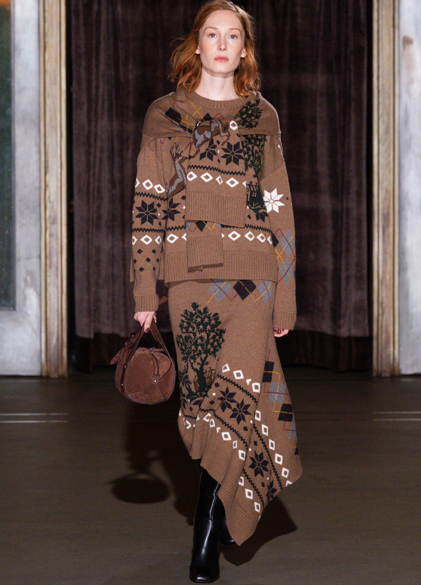 MONSE Mixed Fair Isle Crew Neck Sweater in khaki on runway model full front view