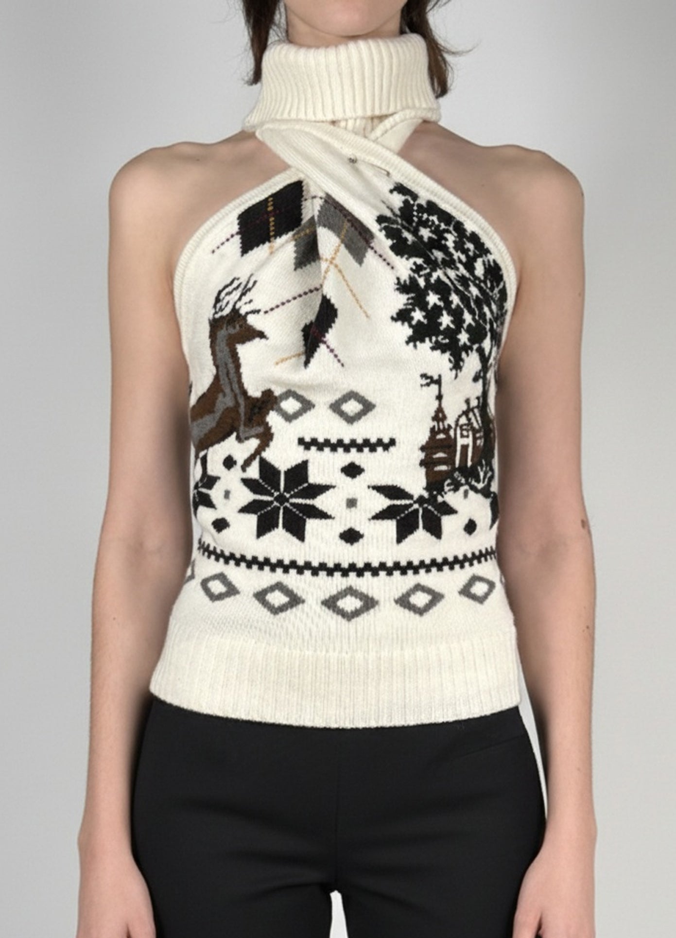MONSE Mixed Fair Isle Halter Top in ivory on model front view