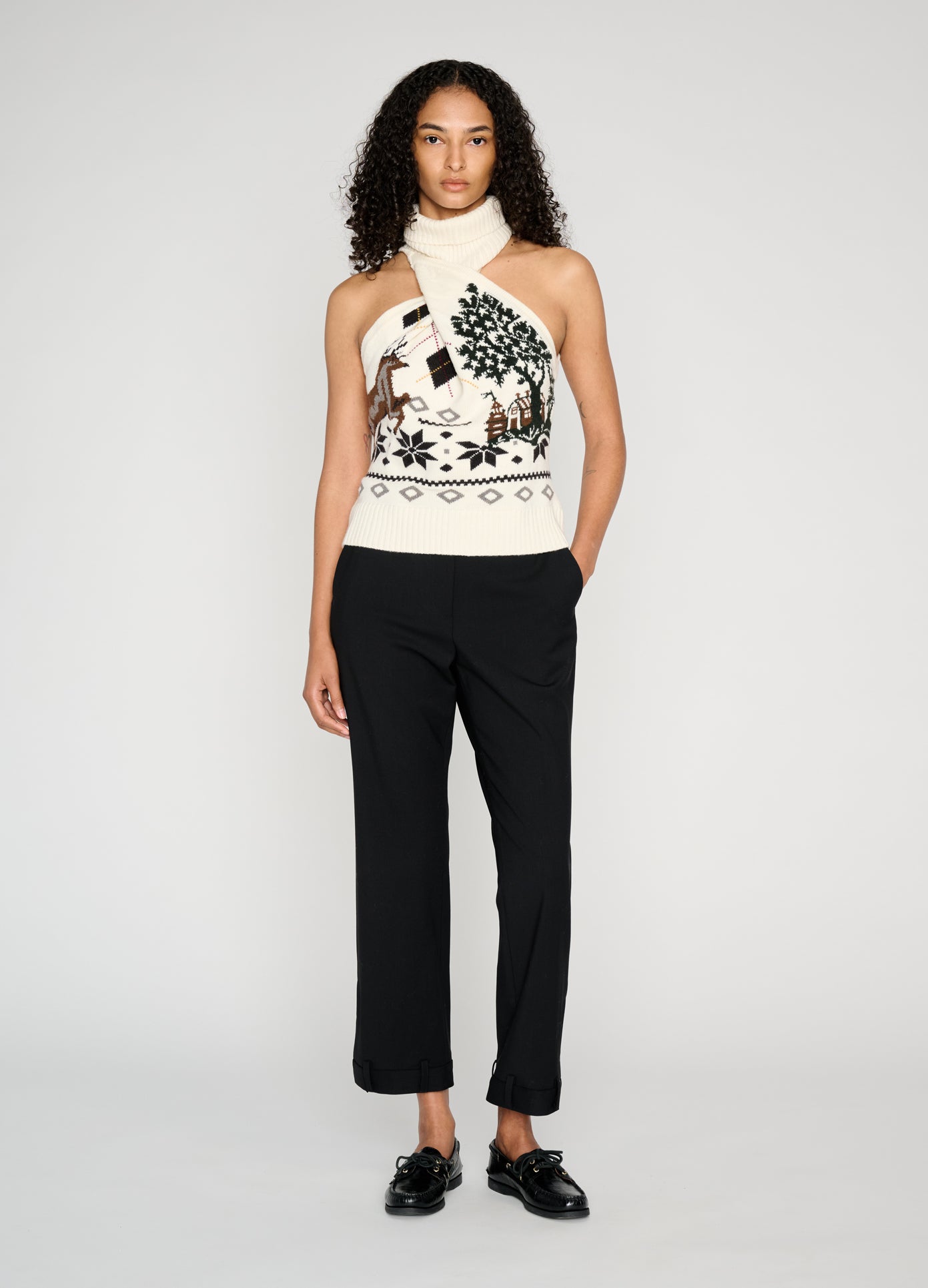 MONSE Mixed Fair Isle Halter Top in ivory on model full front view