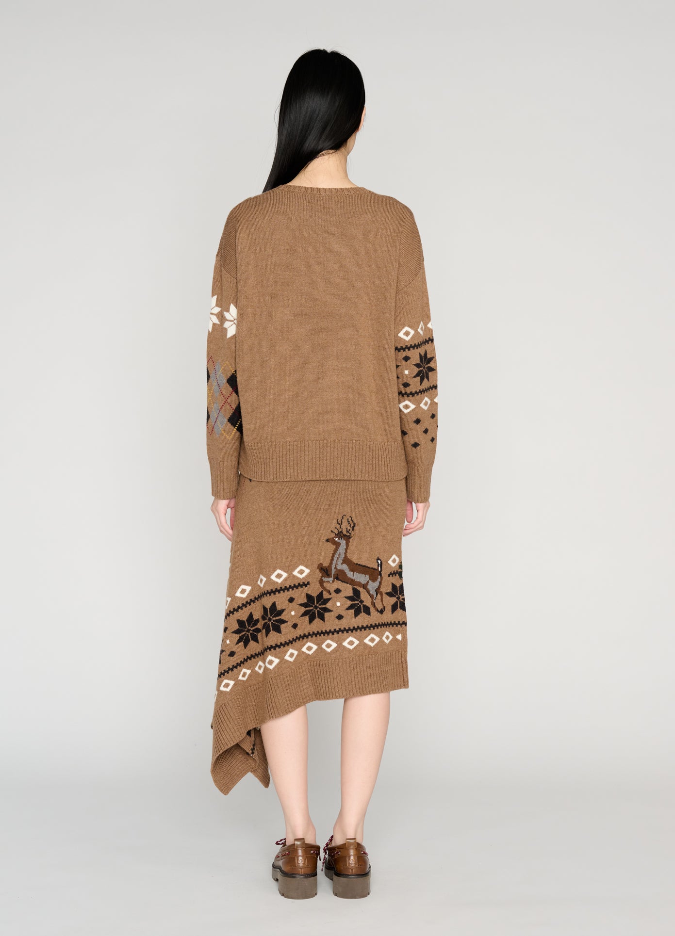MONSE Mixed Fair Isle Midi Skirt in khaki on model full back view