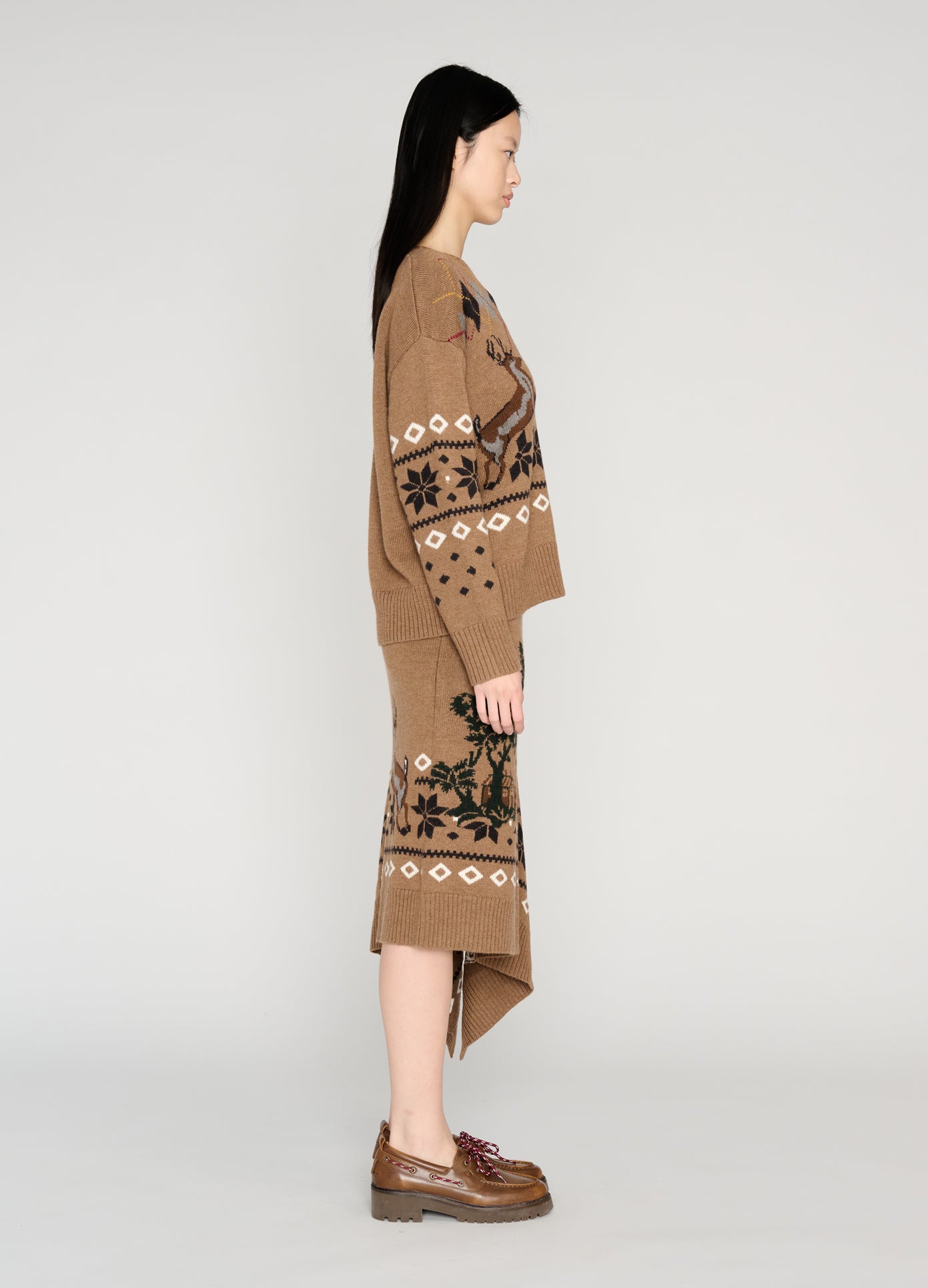 MONSE Mixed Fair Isle Midi Skirt in khaki on model full side view