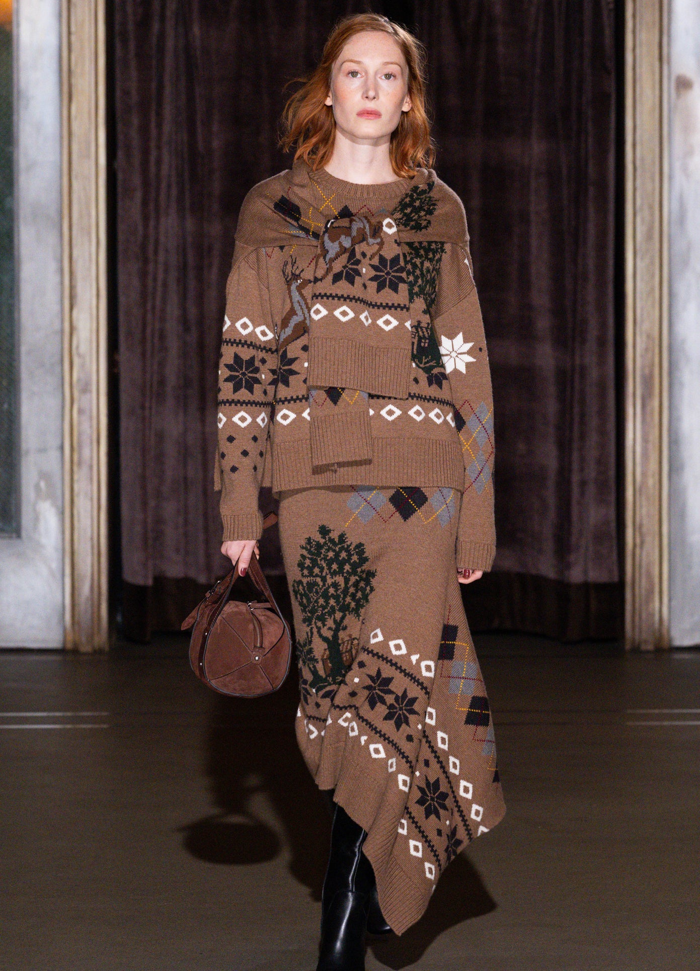 MONSE Mixed Fair Isle Midi Skirt in khaki on runway model full front view