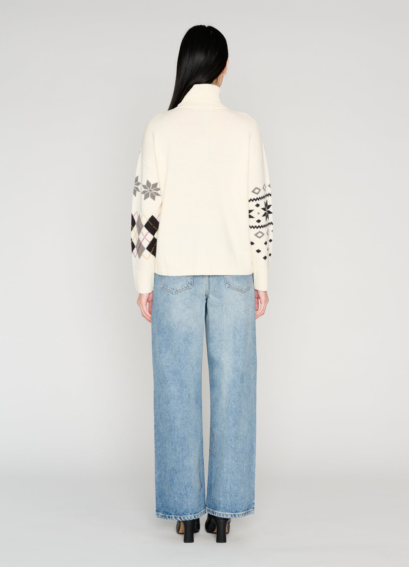 MONSE Mixed Fair Isle Roll Neck Sweater in white on model full back view
