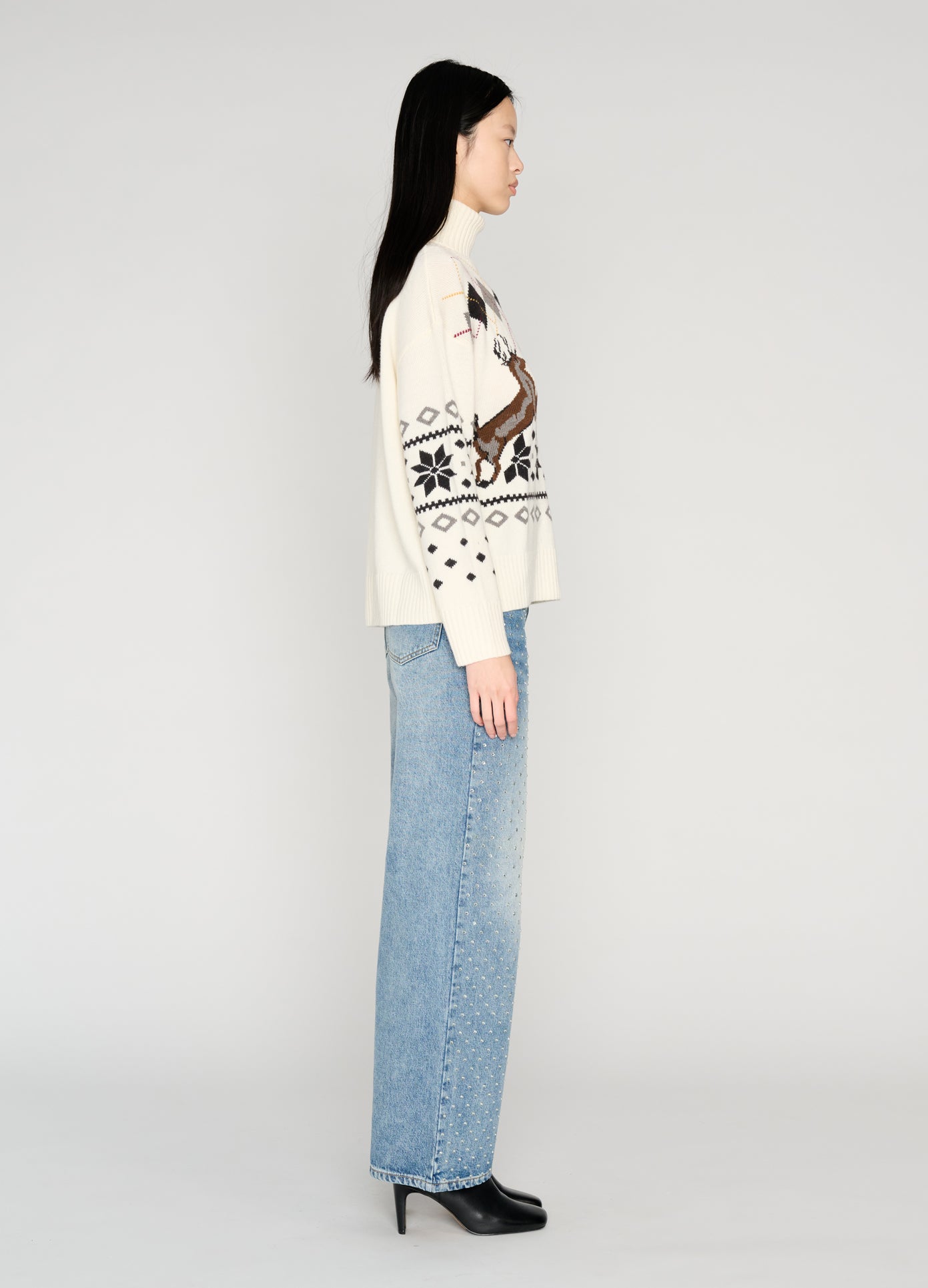 MONSE Mixed Fair Isle Roll Neck Sweater in white on model full side view