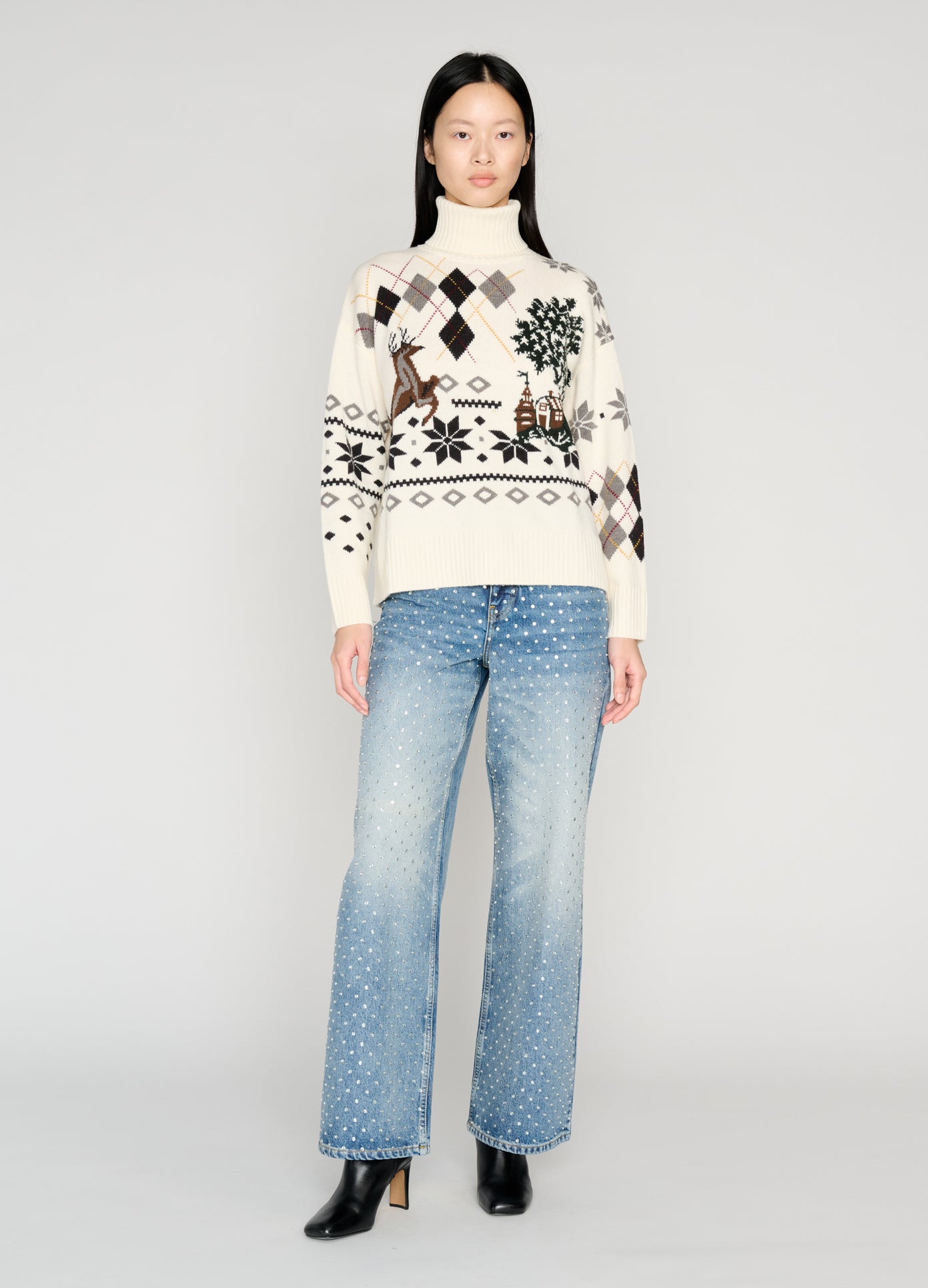 MONSE Mixed Fair Isle Roll Neck Sweater in white on model style full front view