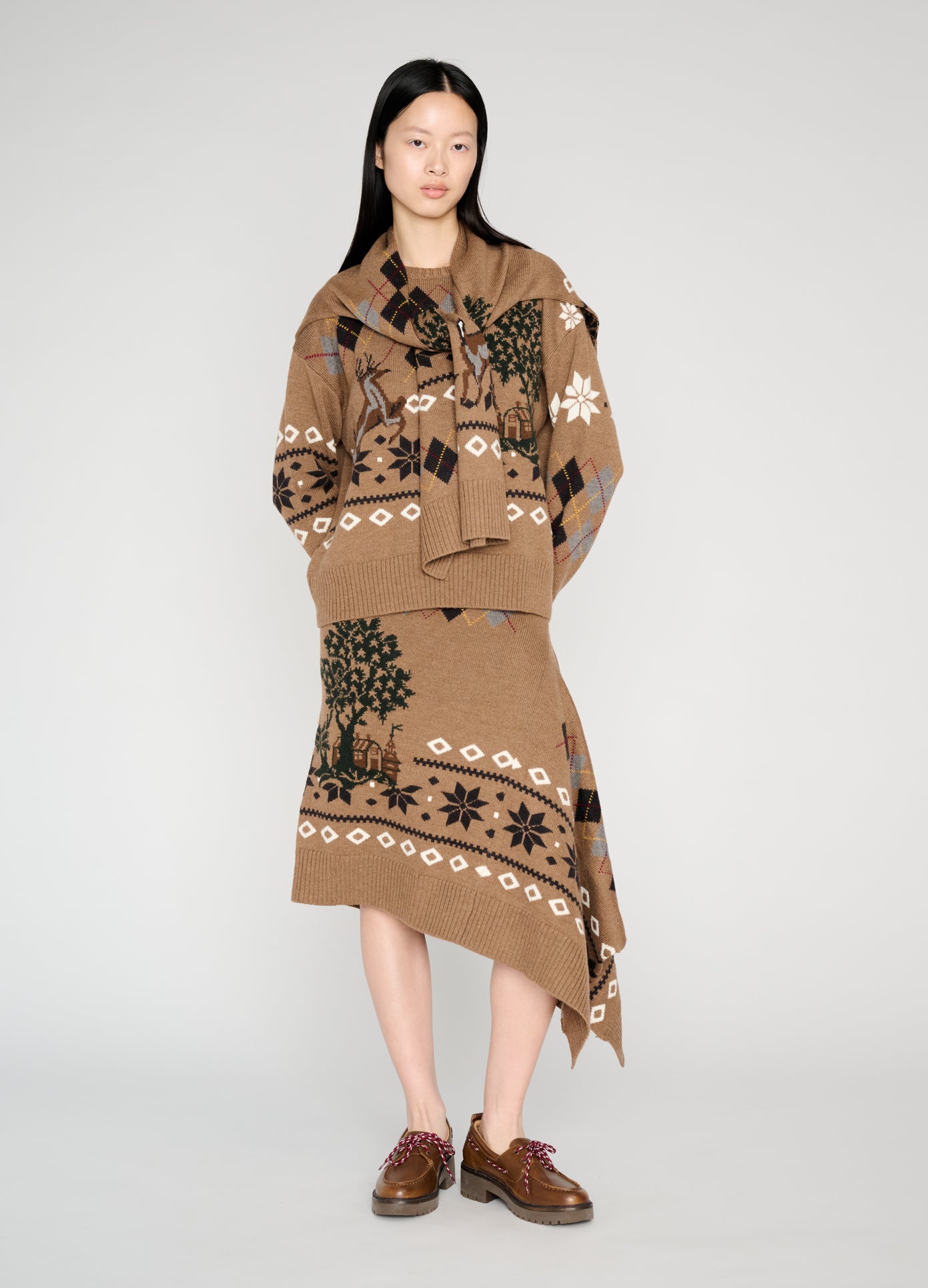 MONSE Mixed Fair Isle Set Jacket in khaki on model style full front view