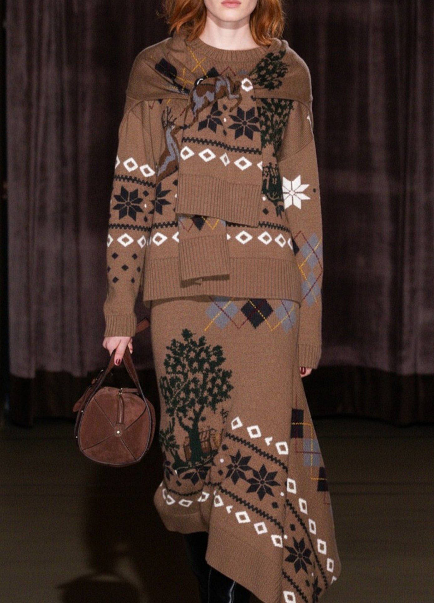 MONSE Mixed Fair Isle Set Jacket in khaki on model walking runway