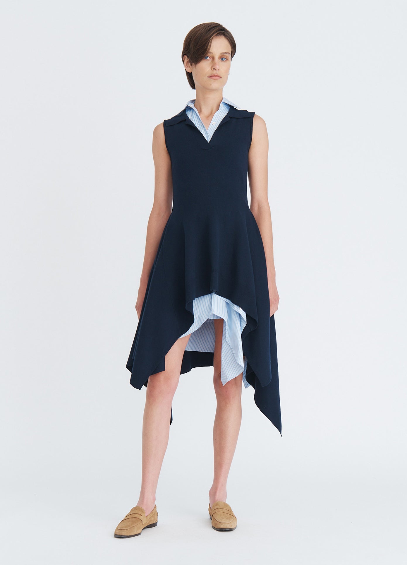 MONSE Napkin Hem Backless Knit Top in navy on model full front view