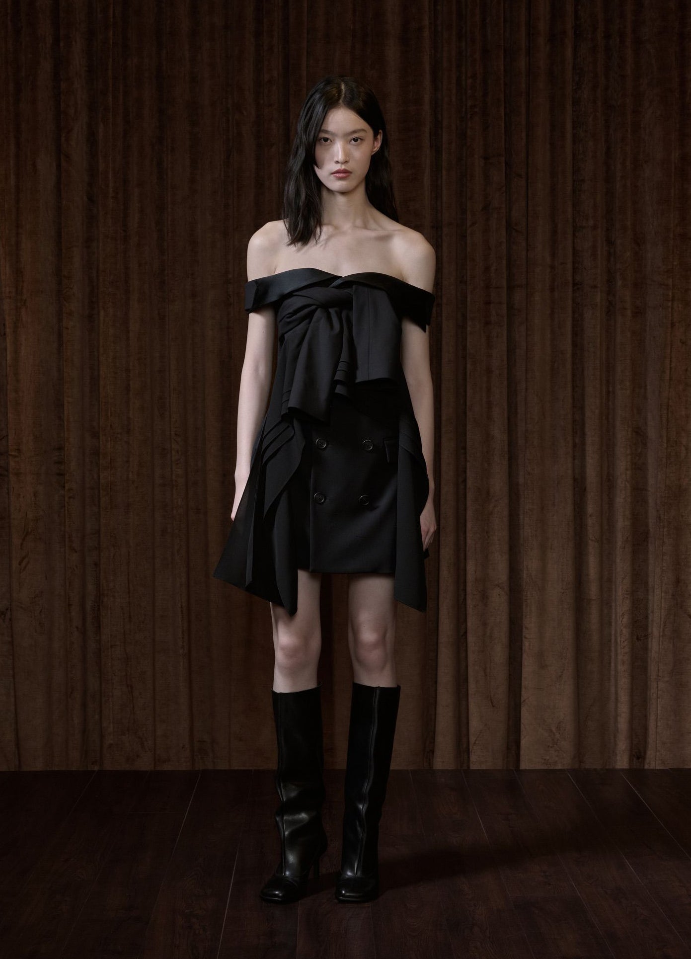 MONSE Off Shoulder Deconstructed Tailored Dress in black on model front view