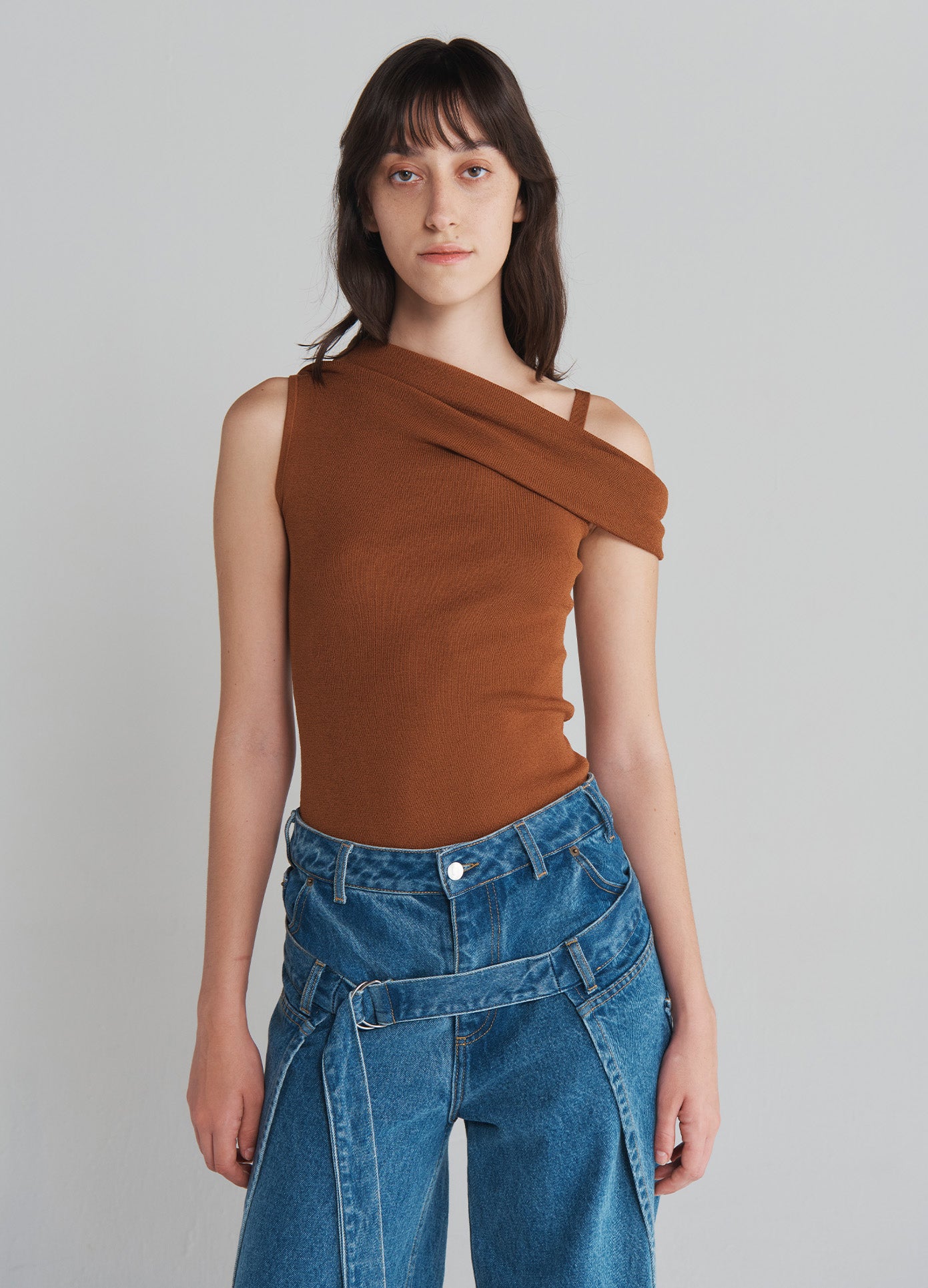 MONSE Off Shoulder Knitted Top in Brown on model front view