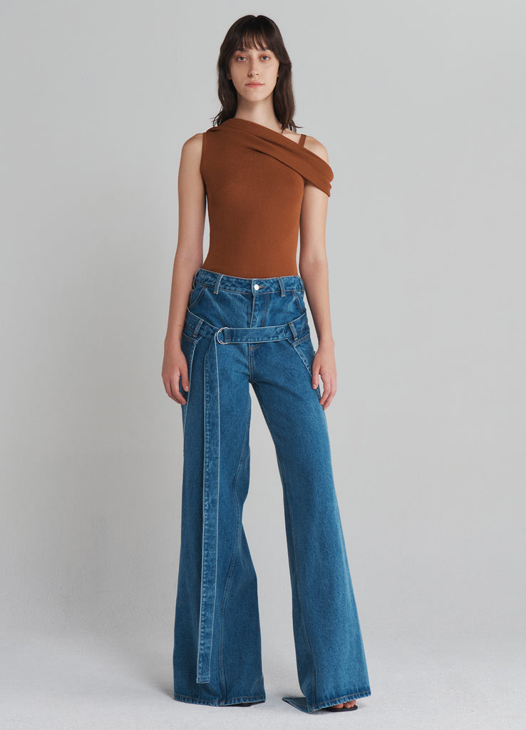 Off Shoulder Knitted Top in Brown With Asymmetrical Bottom