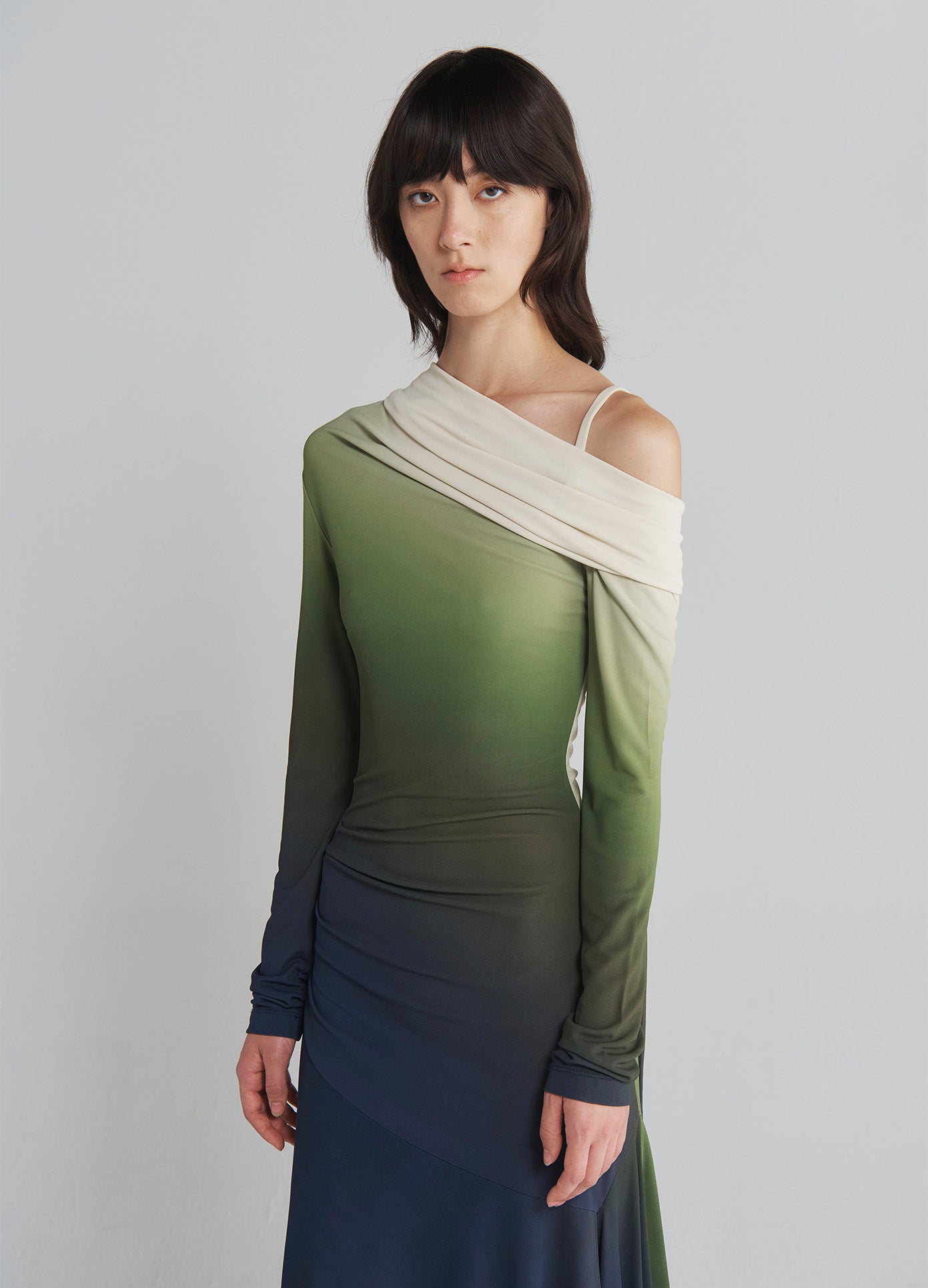 MONSE Off Shoulder Ombré Jersey Dress in Midnight Ombré on model front view