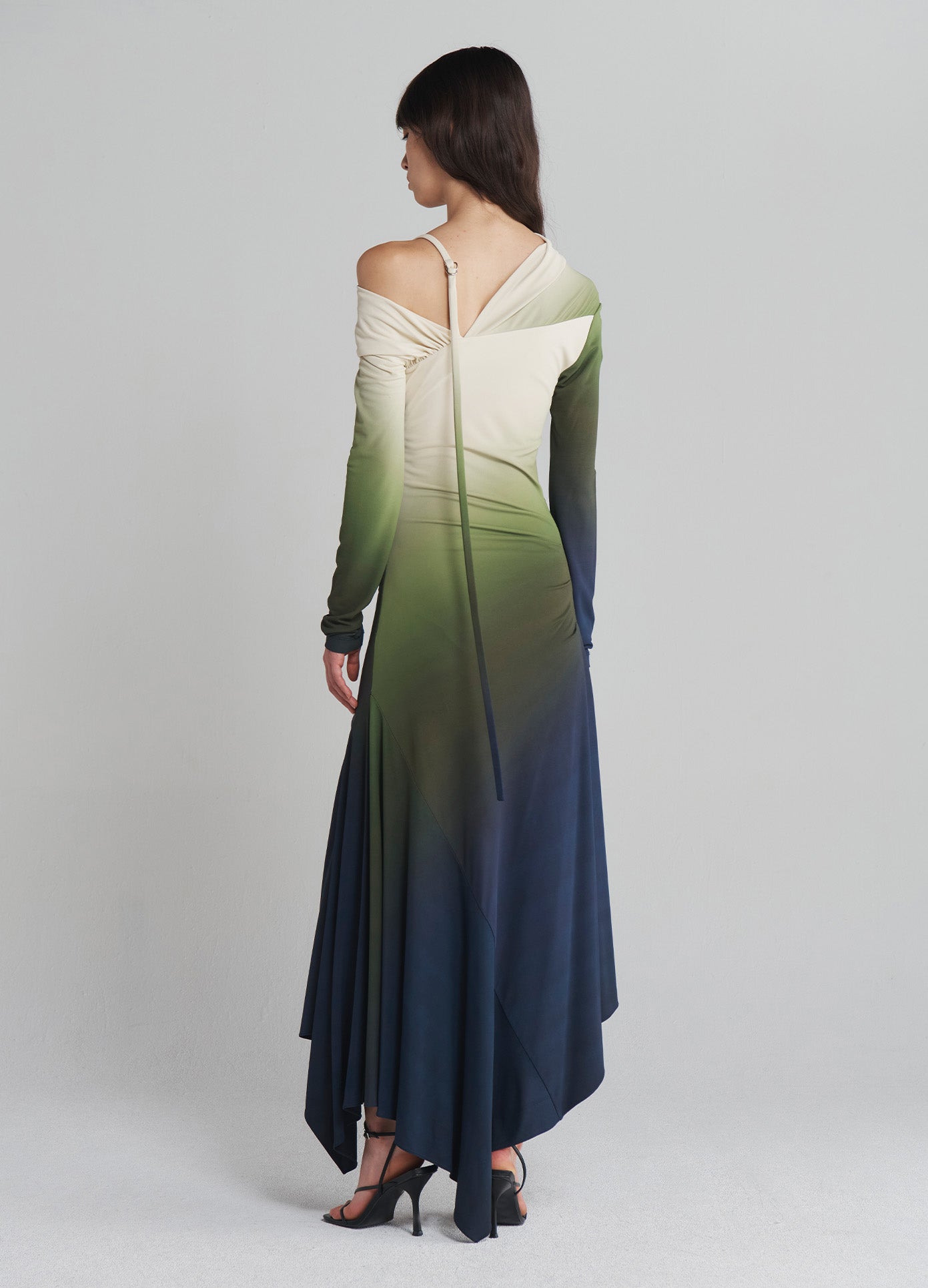 MONSE Off Shoulder Ombré Jersey Dress in Midnight Ombré on model full back view