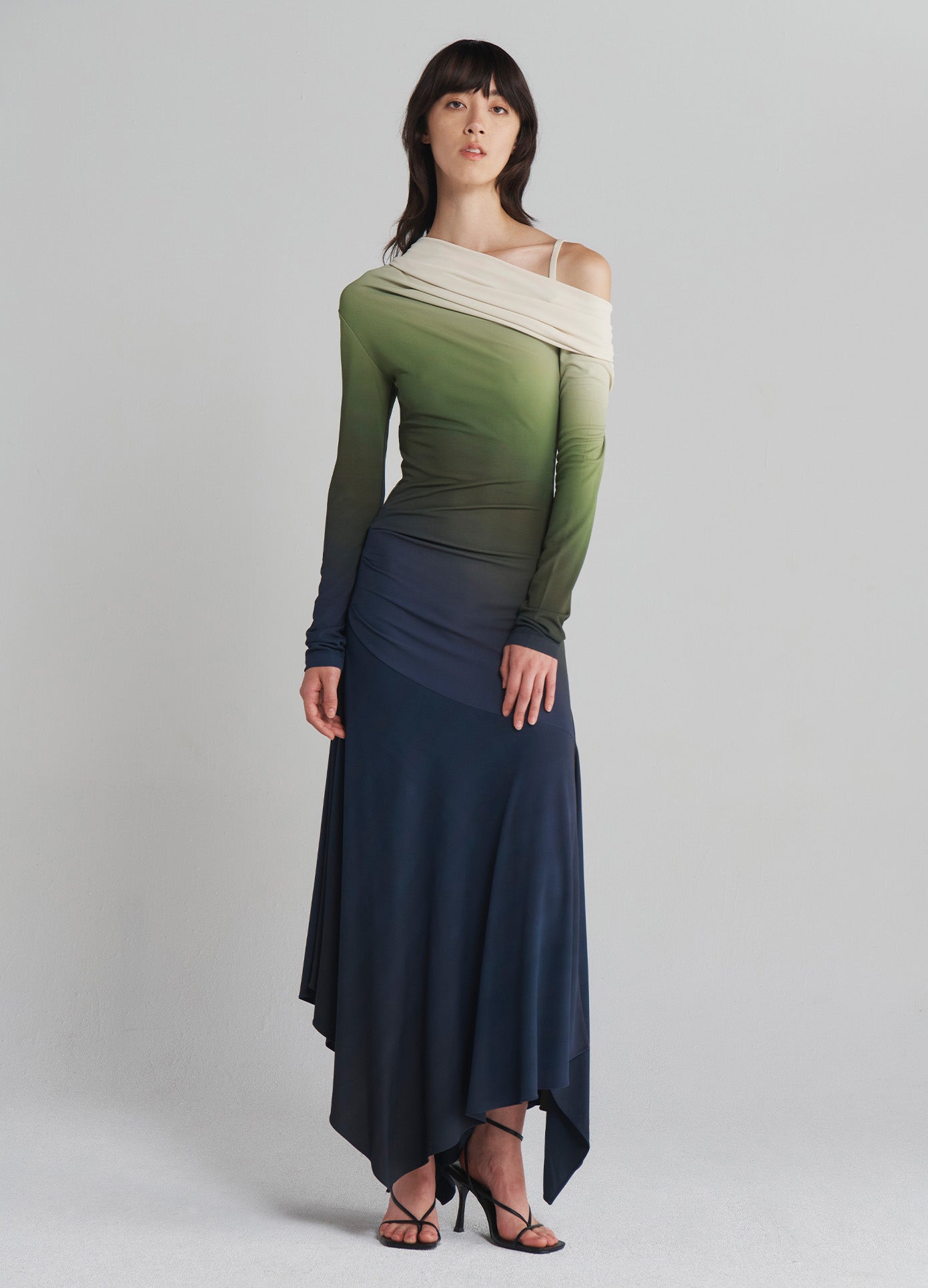 MONSE Off Shoulder Ombré Jersey Dress in Midnight Ombré on model full front view