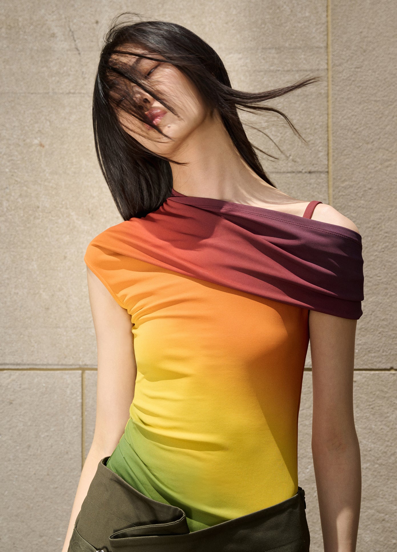 MONSE Off Shoulder Ombré Jersey Top in Multi on model editorial image