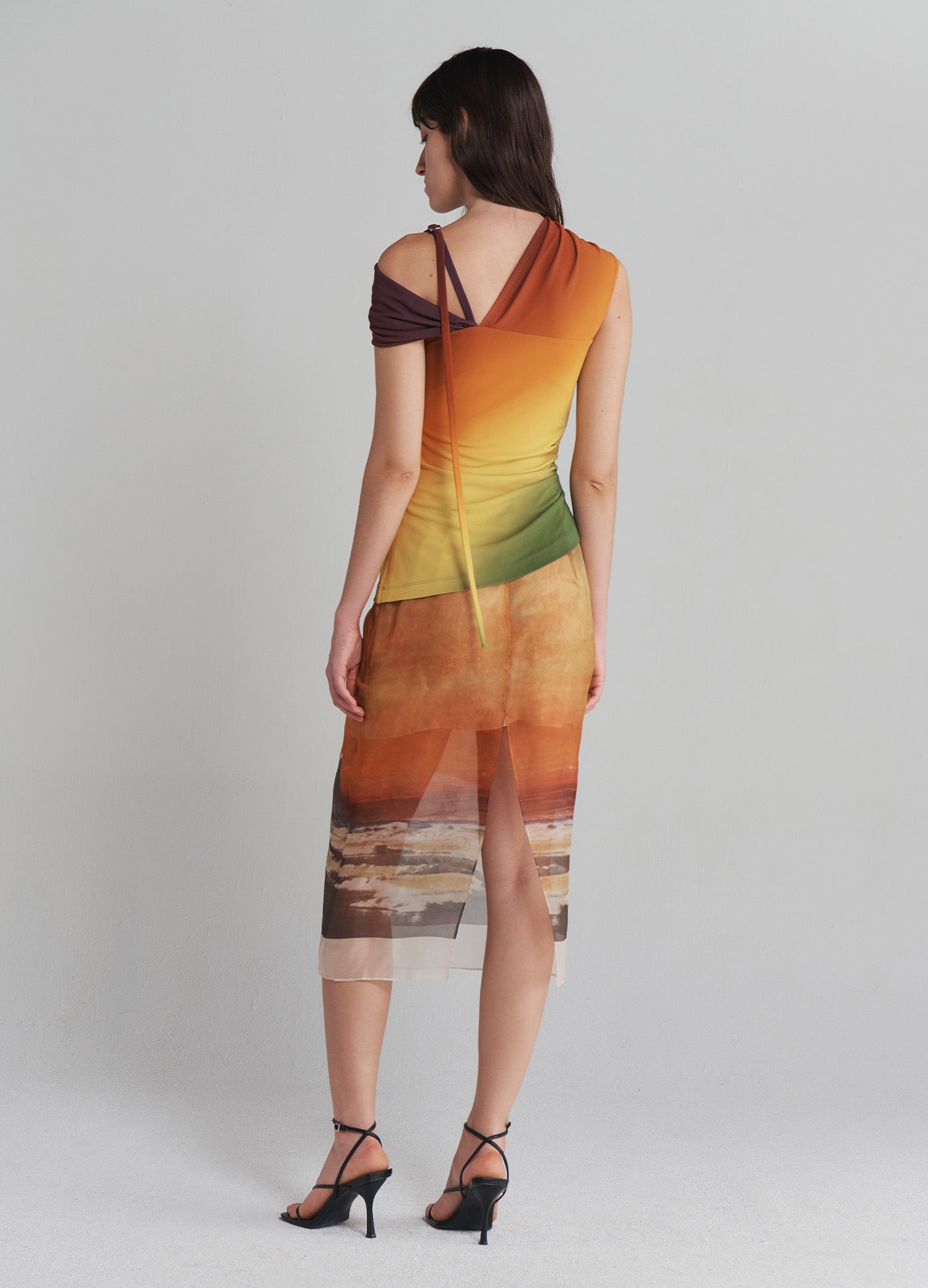 MONSE Off Shoulder Ombré Jersey Top in Multi on model full back view