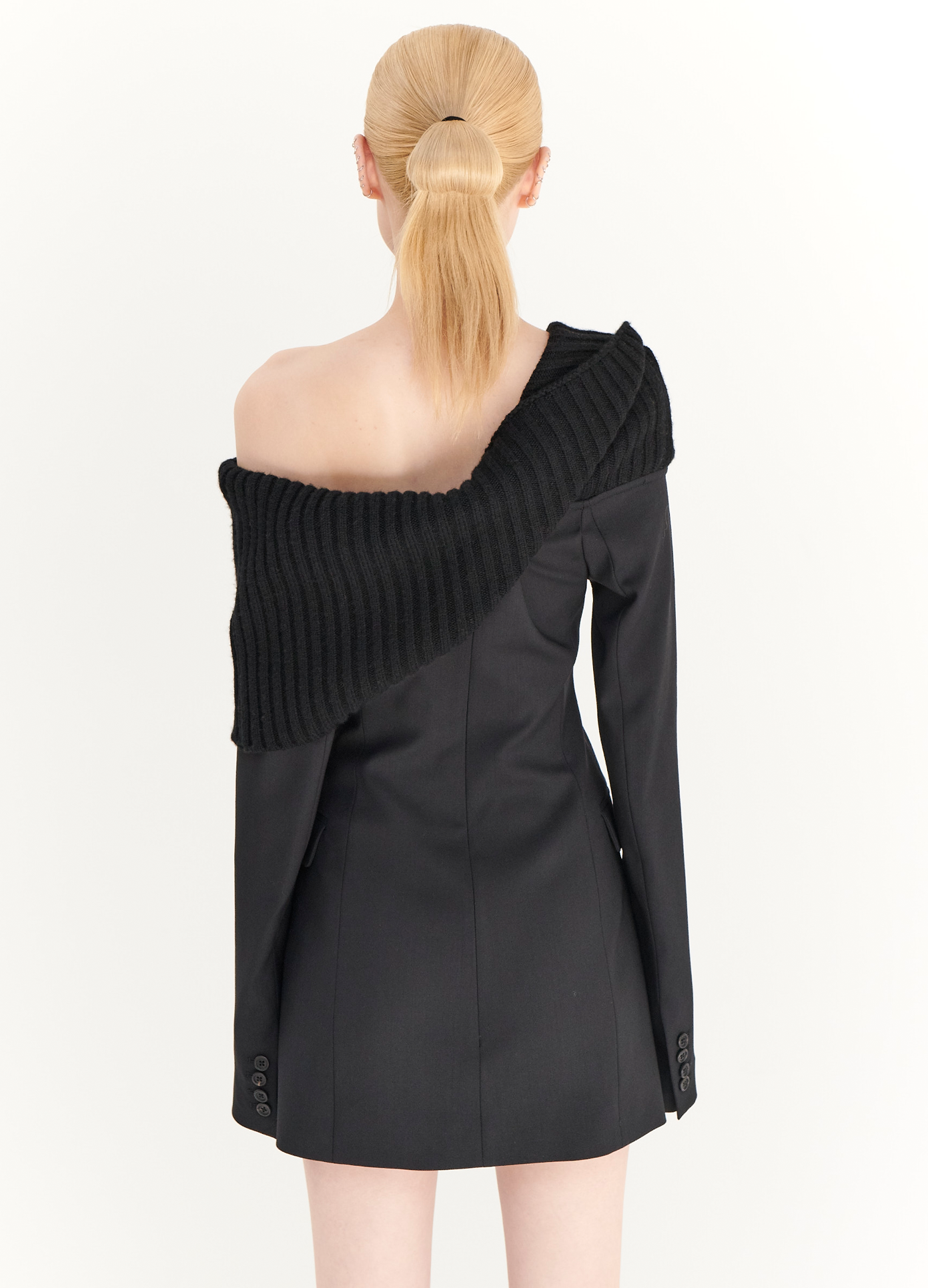 MONSE Off the Shoulder Knit Collar Dress in Black on model back view