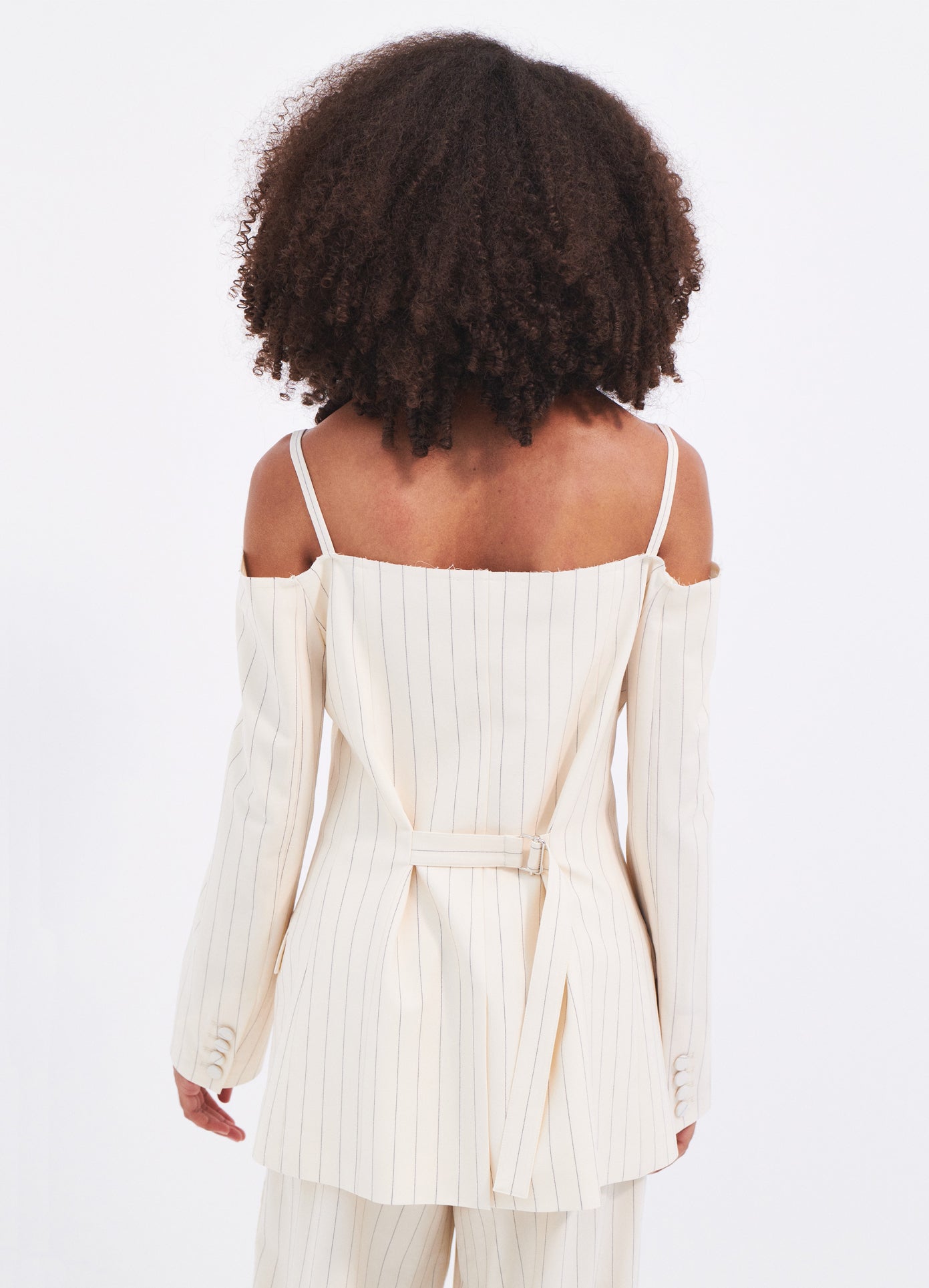 MONSE Off The Shoulder Pinstripe Blazer in Ivory on model back view