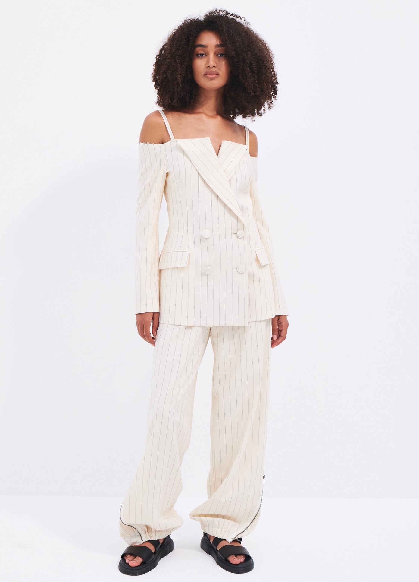 MONSE Off The Shoulder Pinstripe Blazer in Ivory on model full front view