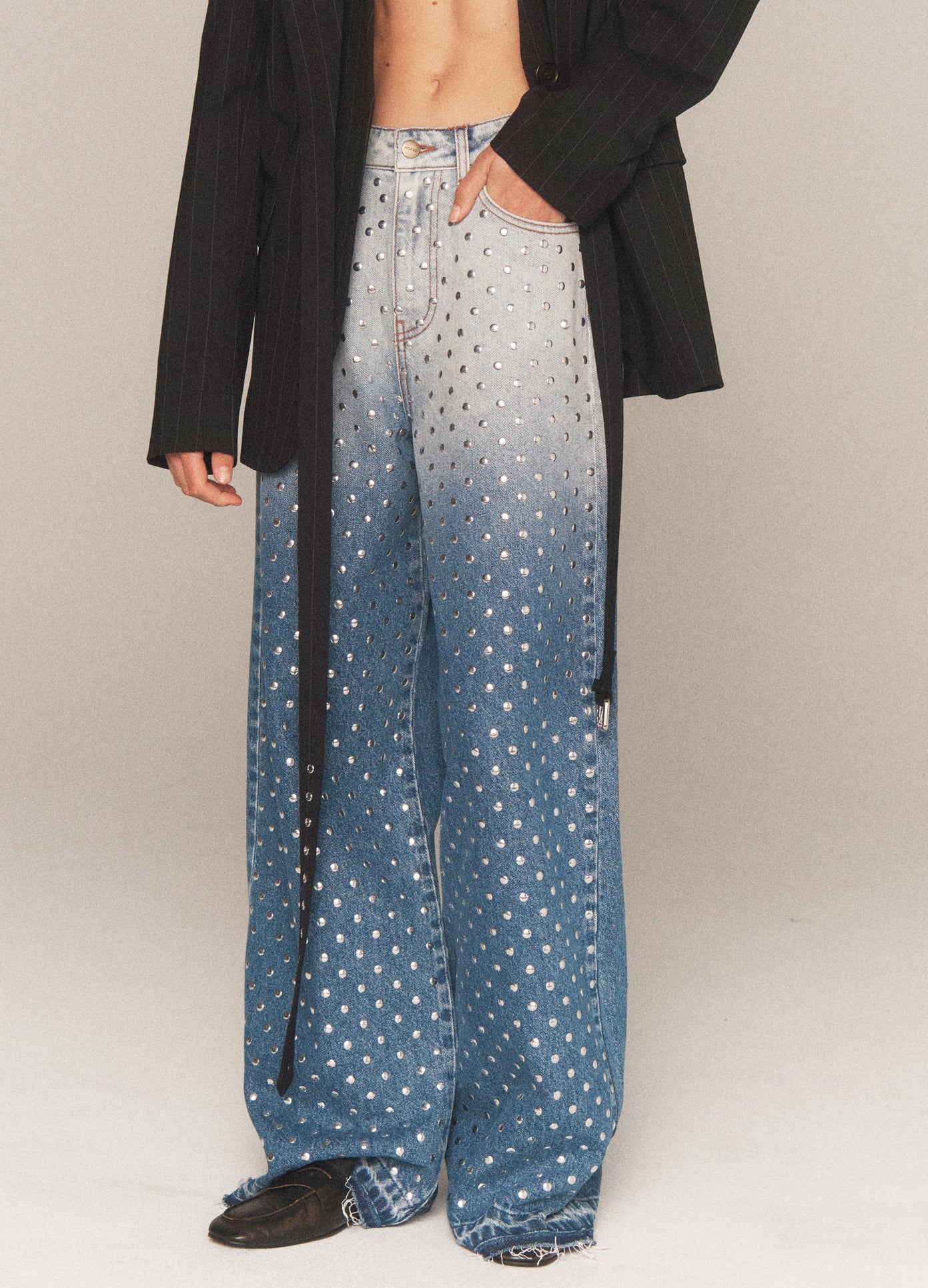 MONSE Ombré Bleached Wide Leg Jeans in indigo on model lookbook image