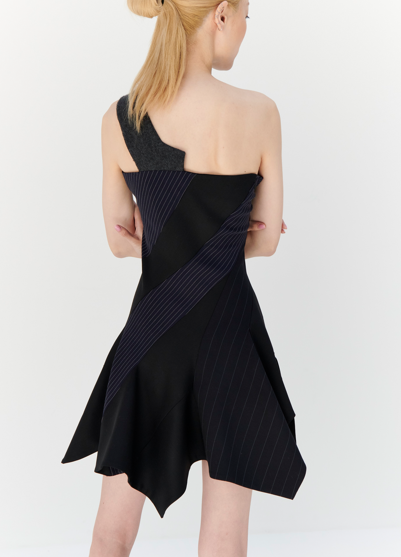 MONSE One Shoulder Tailored Dress in Midnight on model back view