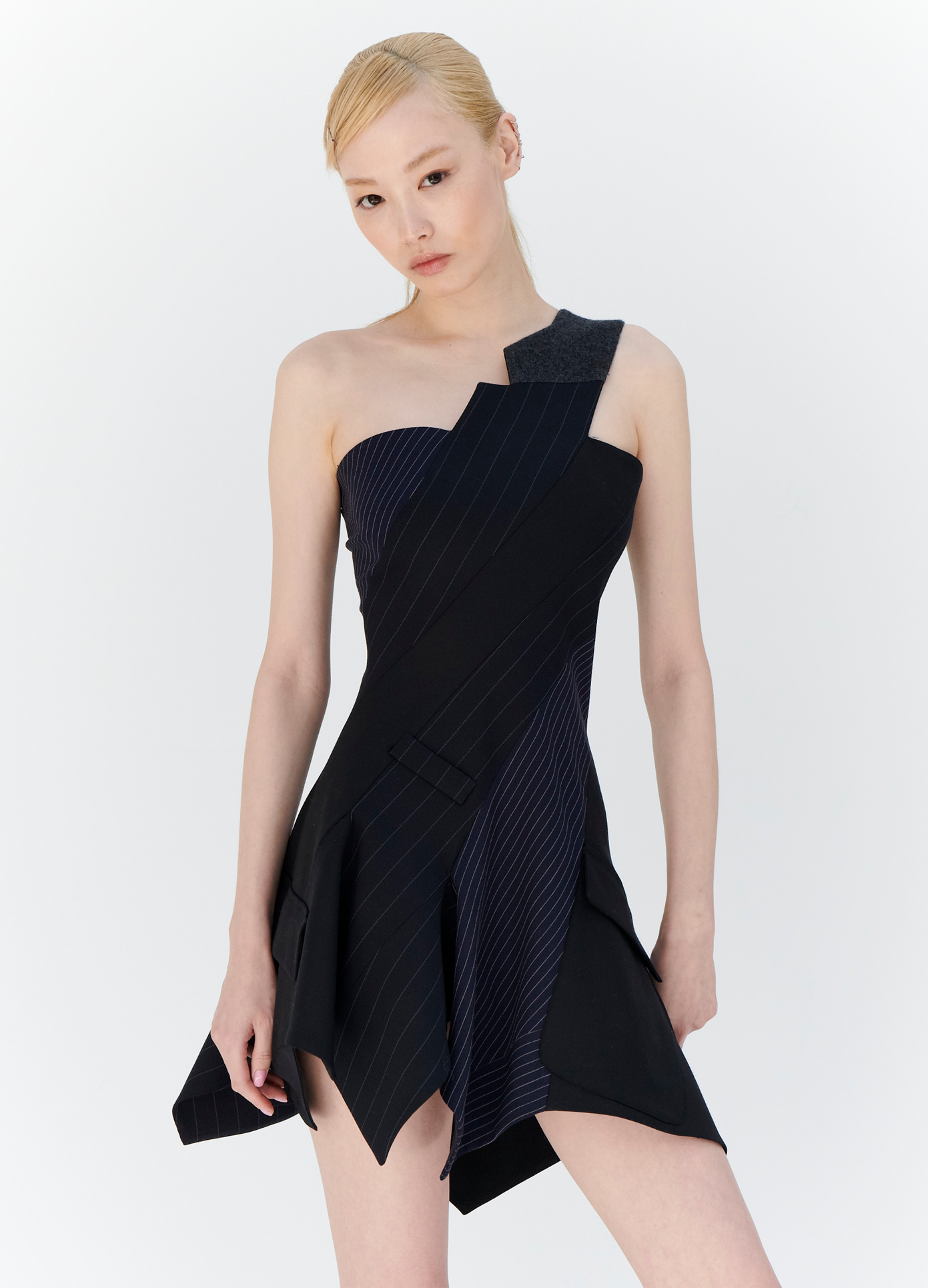 MONSE One Shoulder Tailored Dress in Midnight on model front view
