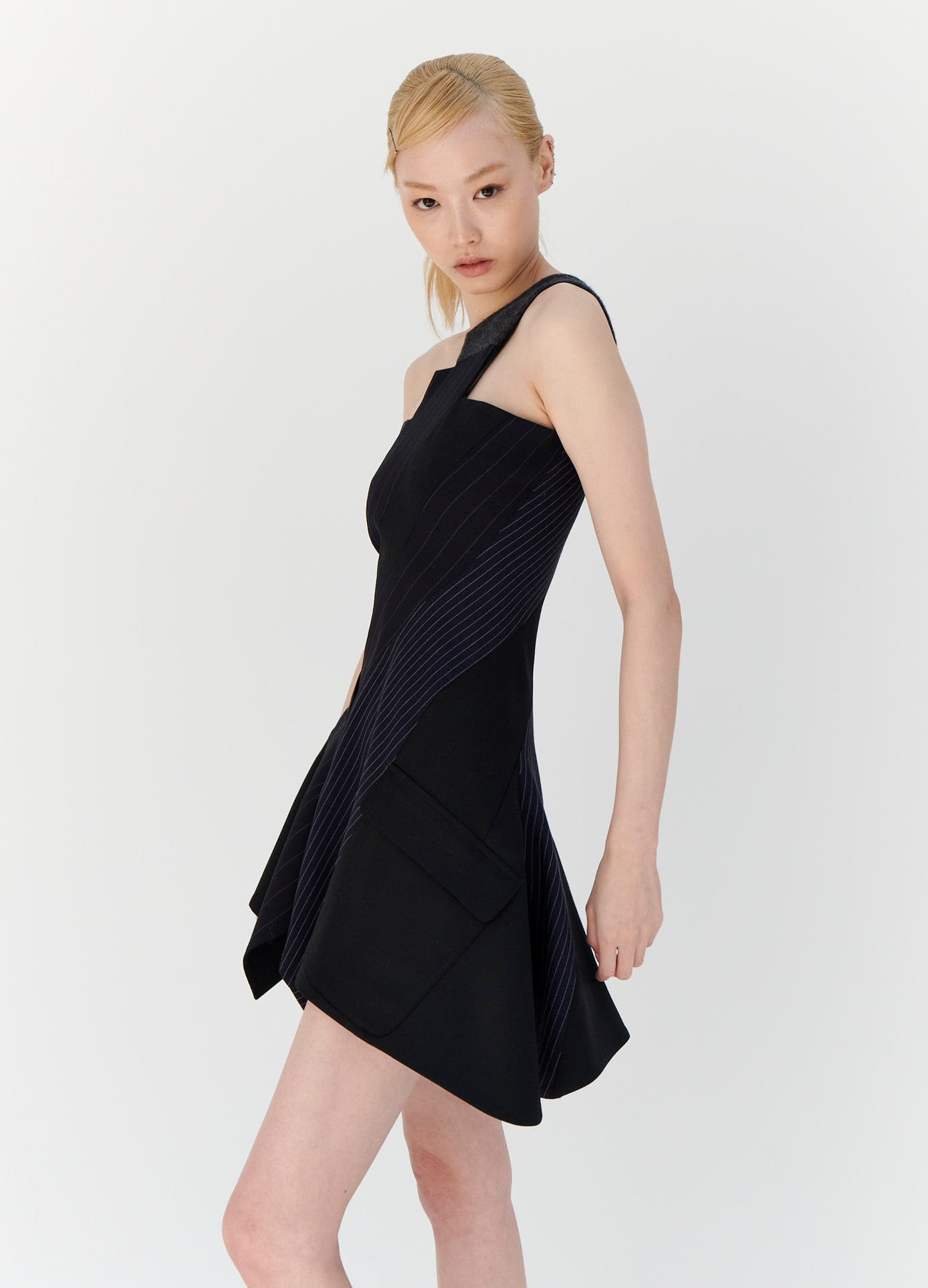 MONSE One Shoulder Tailored Dress in Midnight on model left side view