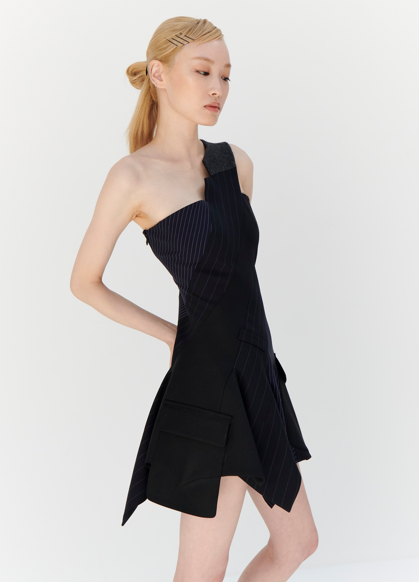 MONSE One Shoulder Tailored Dress in Midnight on model right side view