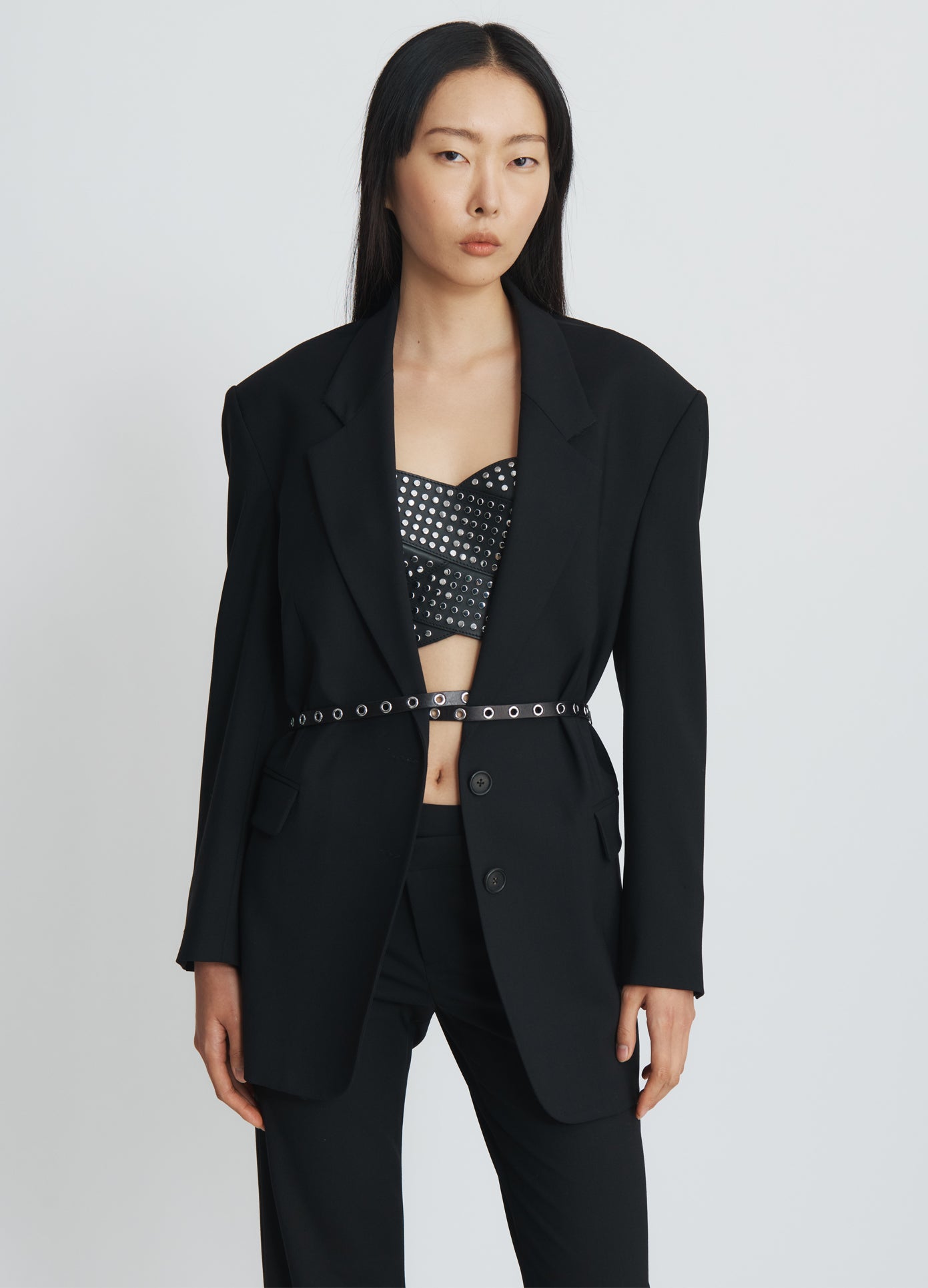 MONSE Open Back Jacket in black on model front view