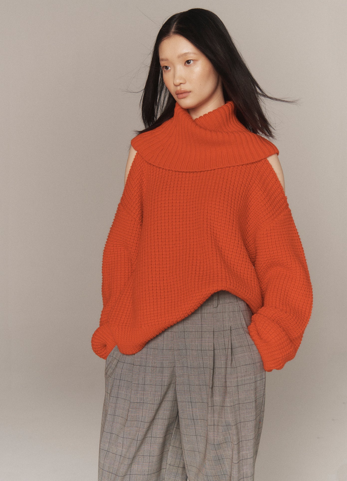 MONSE Open Shoulder Fisherman Sweater in molten lava on model lookbook image