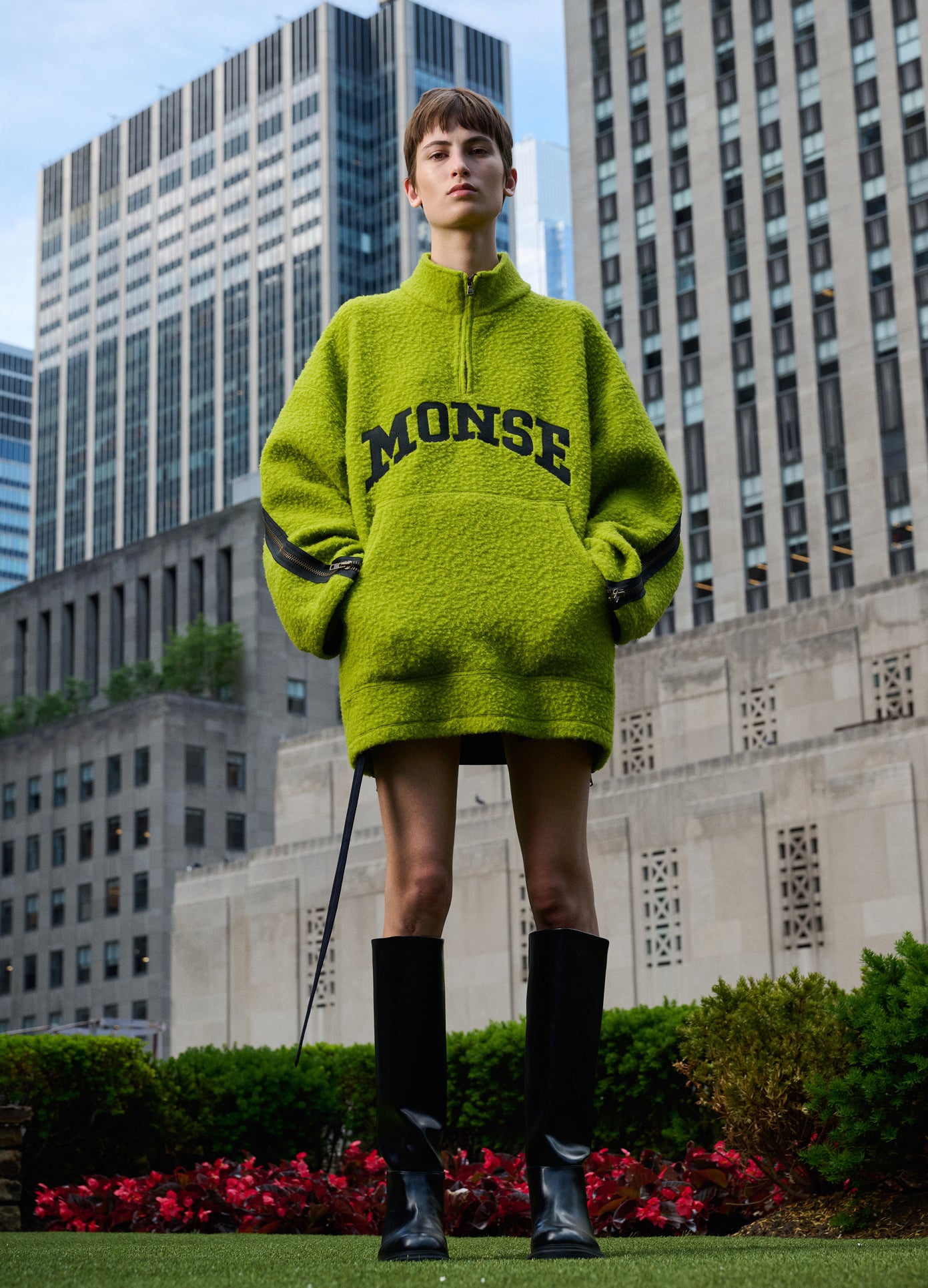 MONSE Oversized Half Zip Fleece Sweatshirt in Chartreuse on model editorial image