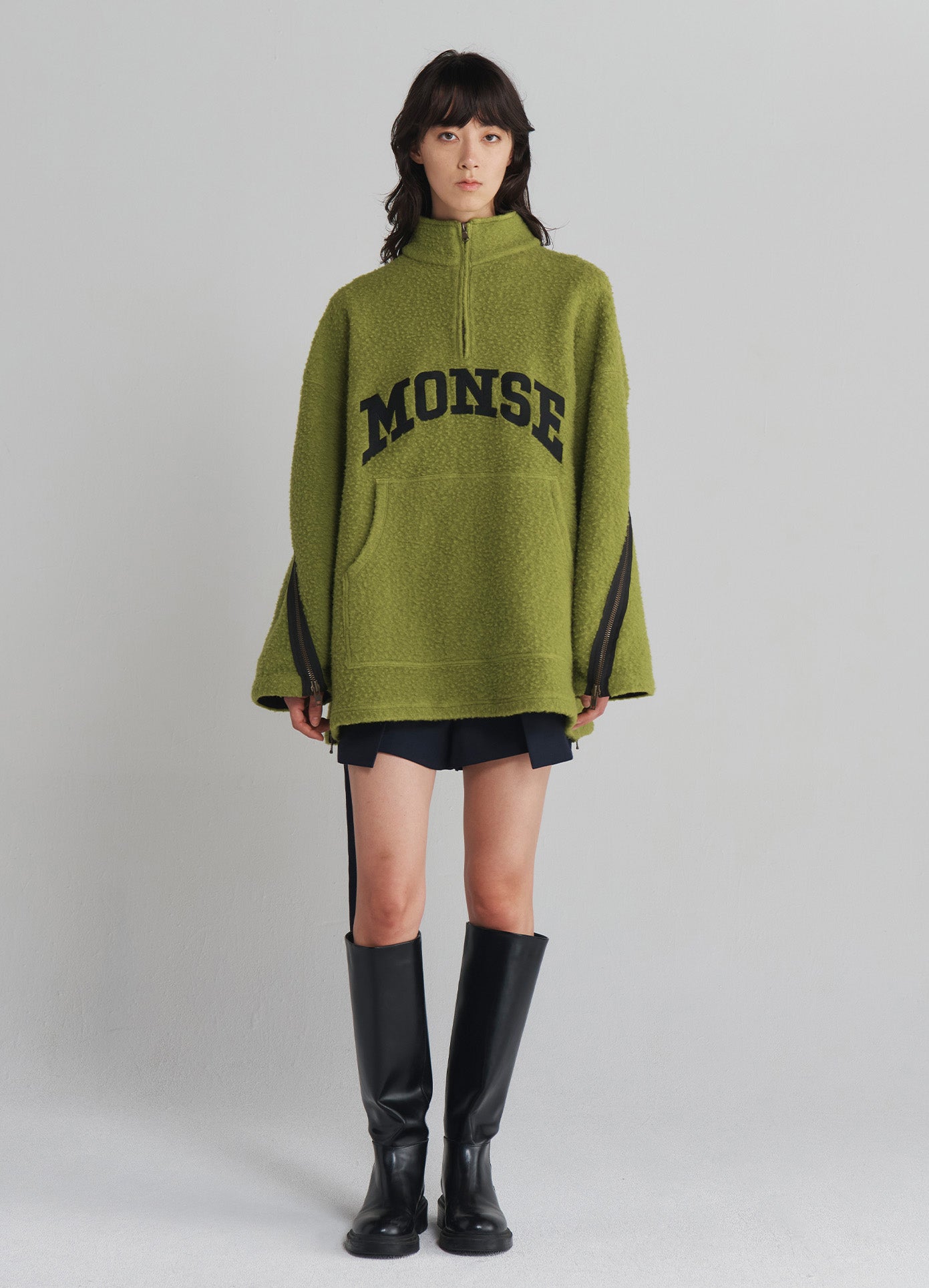 MONSE Oversized Half Zip Fleece Sweatshirt in Chartreuse on model full front view