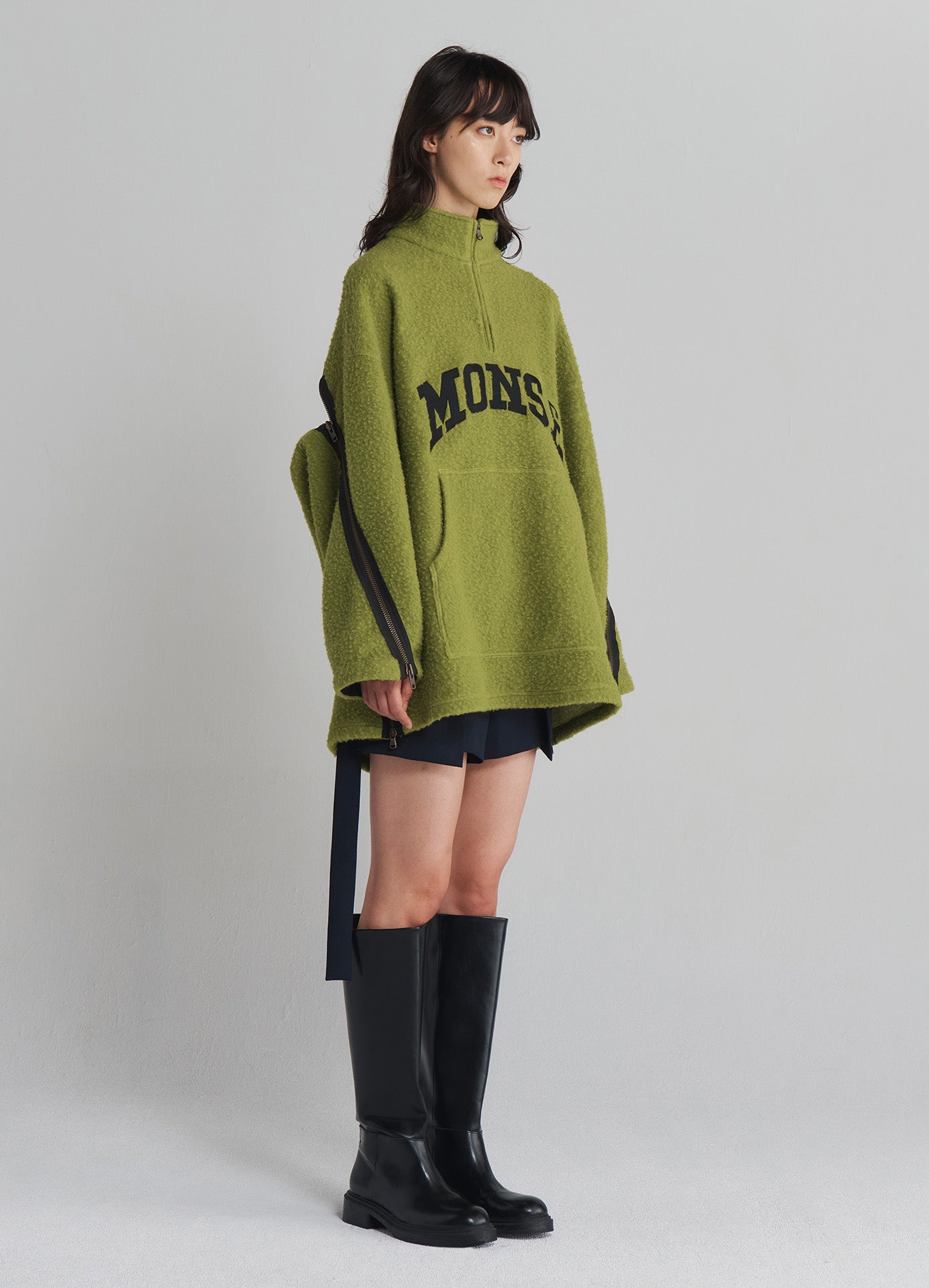 MONSE Oversized Half Zip Fleece Sweatshirt in Chartreuse on model full side view