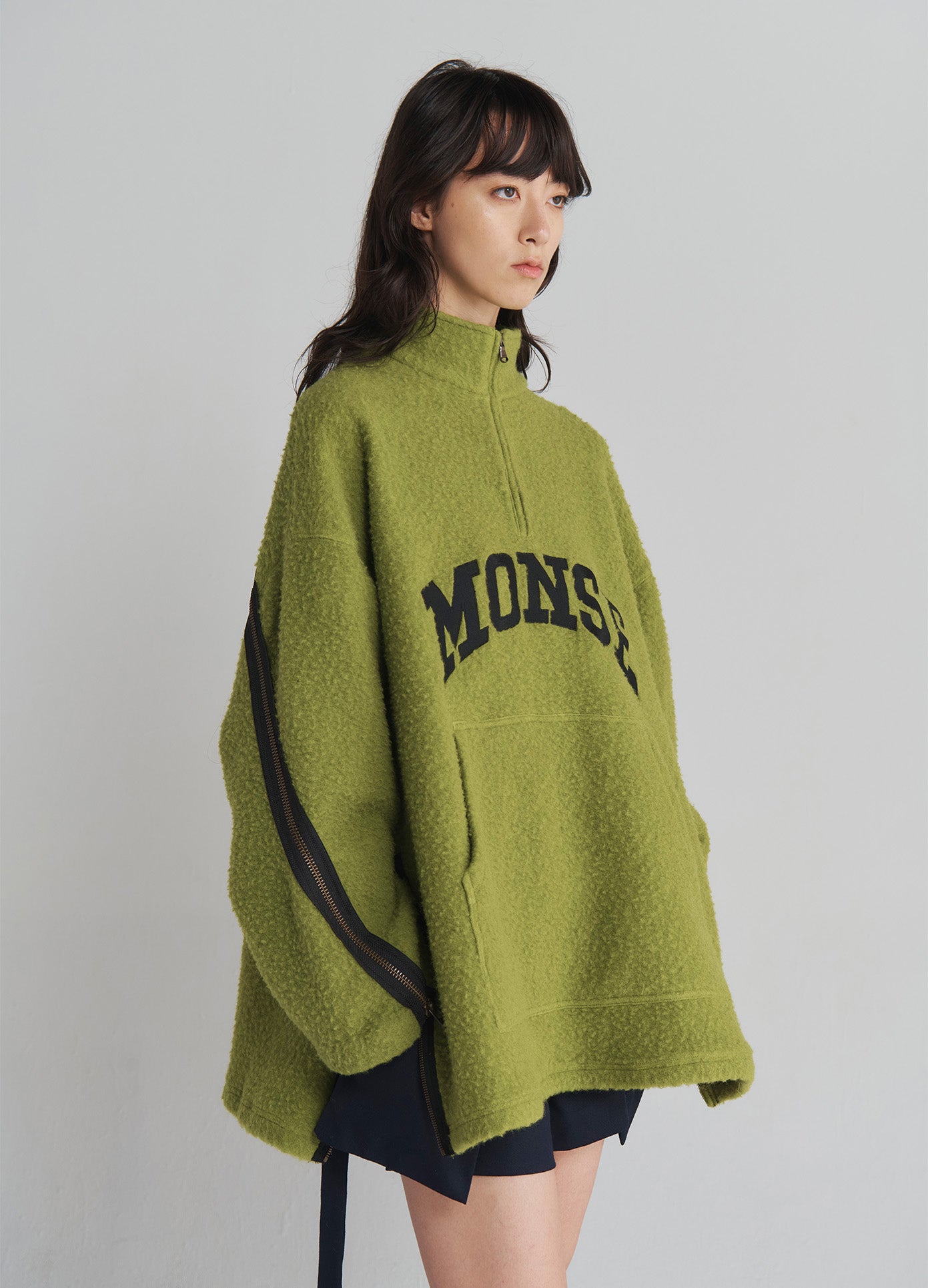 MONSE Oversized Half Zip Fleece Sweatshirt in Chartreuse on model side view