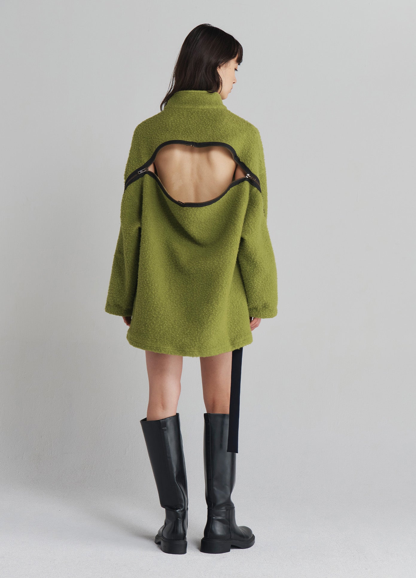 MONSE Oversized Half Zip Fleece Sweatshirt in Chartreuse on model with zipper unzipped full back view