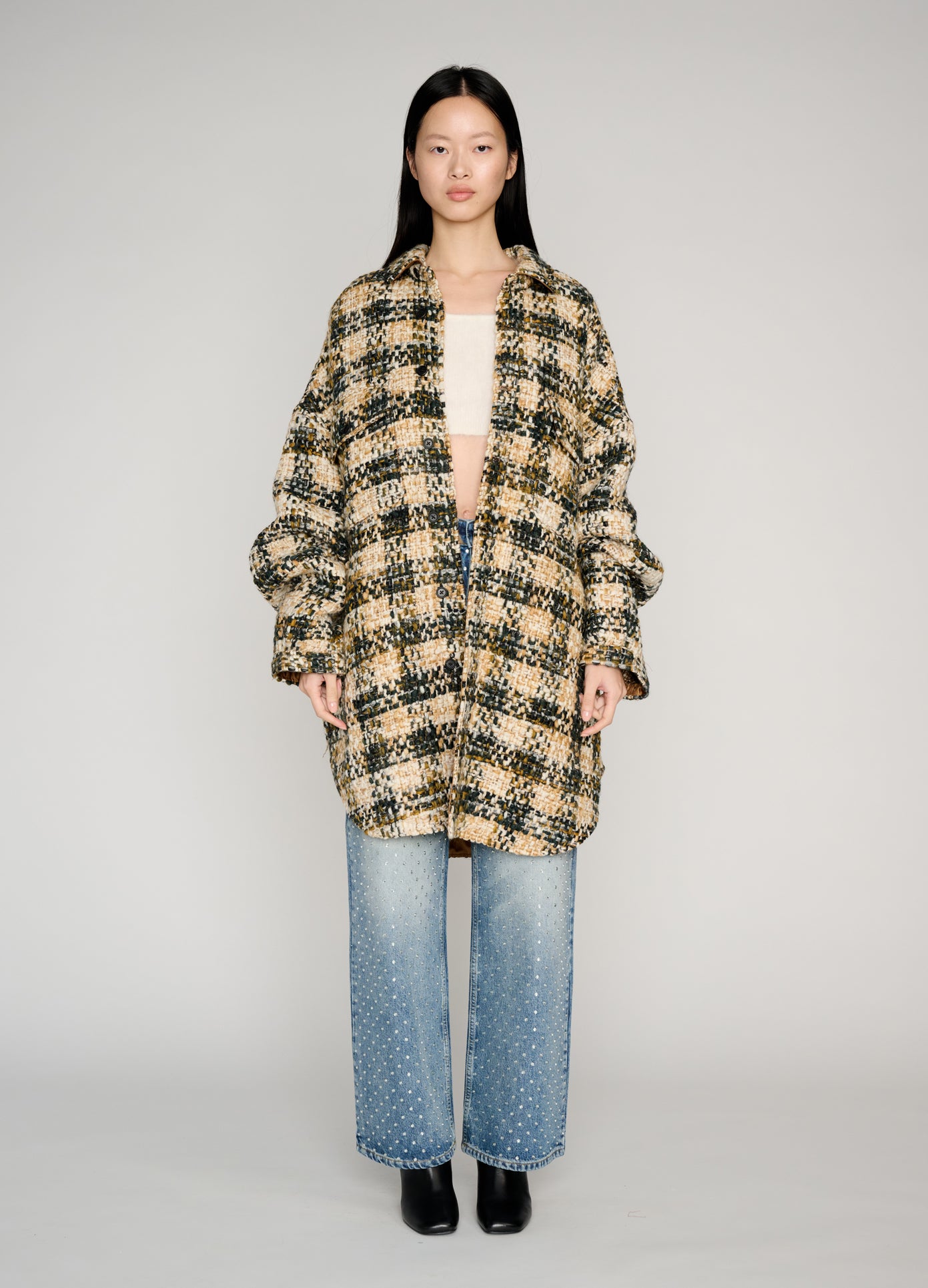 MONSE Oversized Shirt Coat in brown multi on model full front view