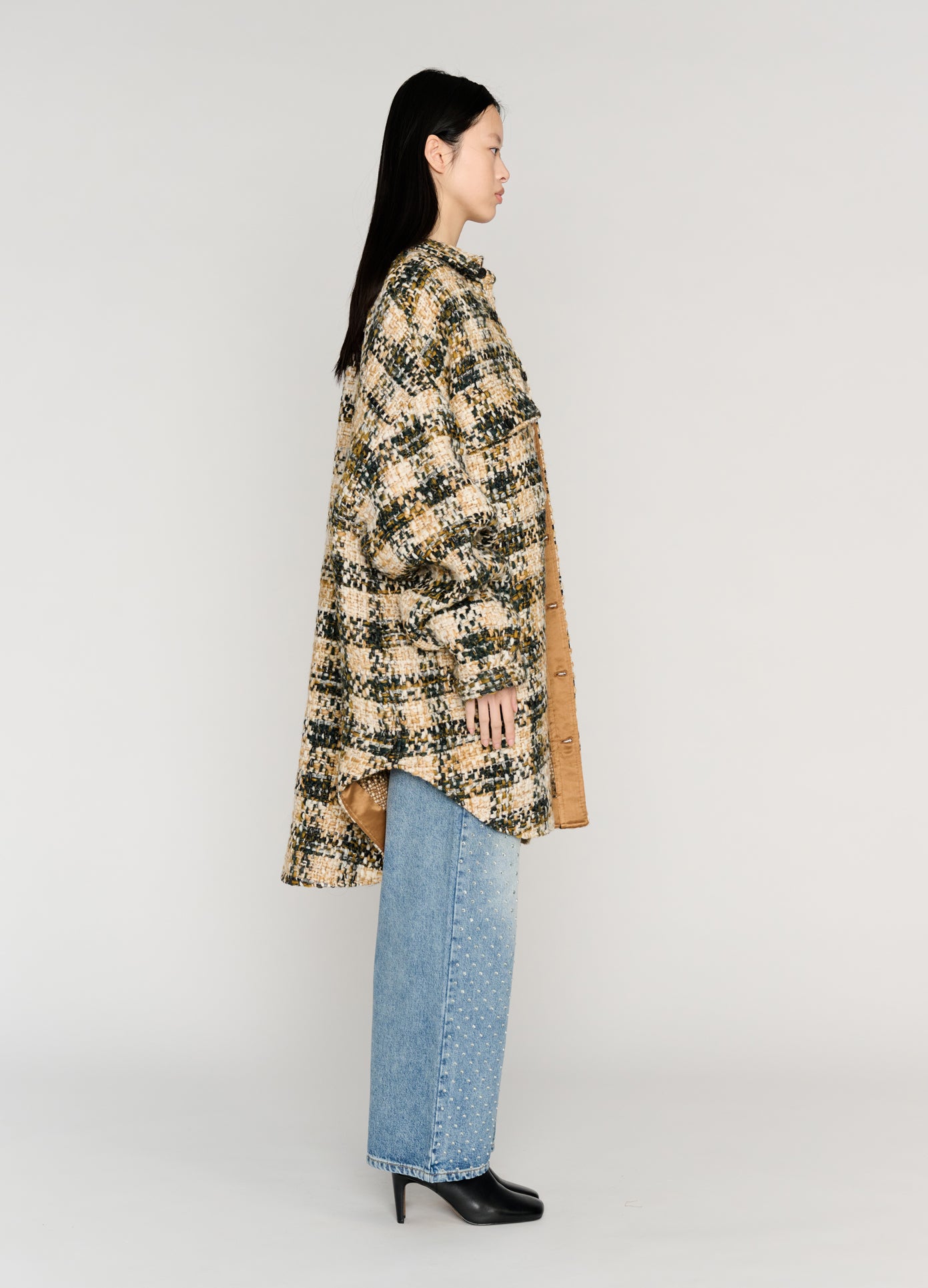 MONSE Oversized Shirt Coat in brown multi on model full side view