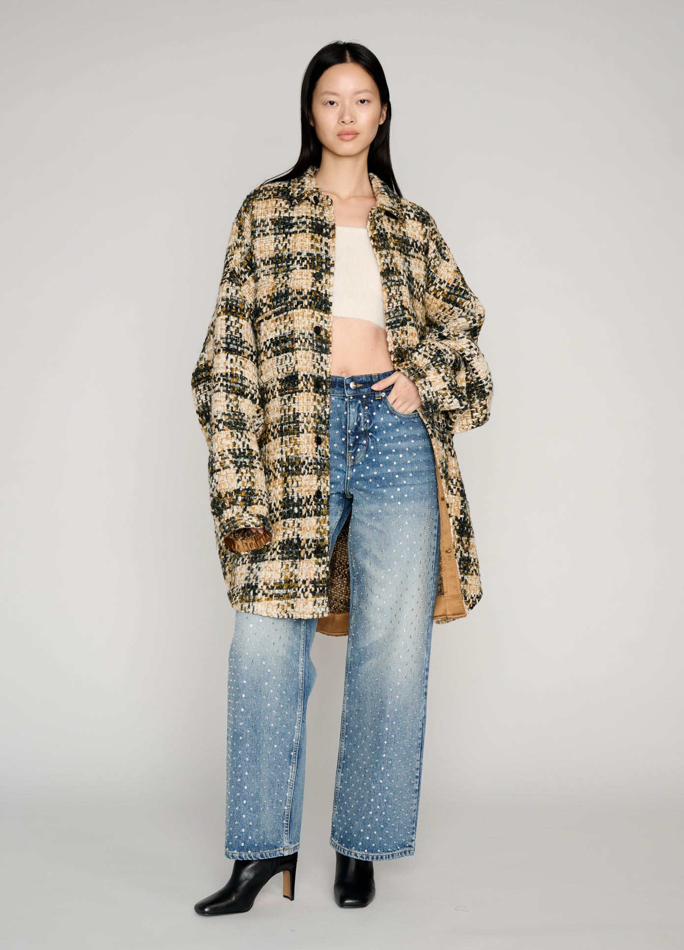 MONSE Oversized Shirt Coat in brown multi on model style full front view