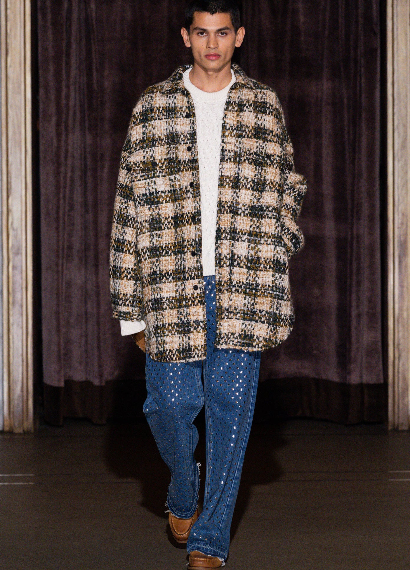 MONSE Oversized Shirt Coat in brown multi on runway model walking show full front view